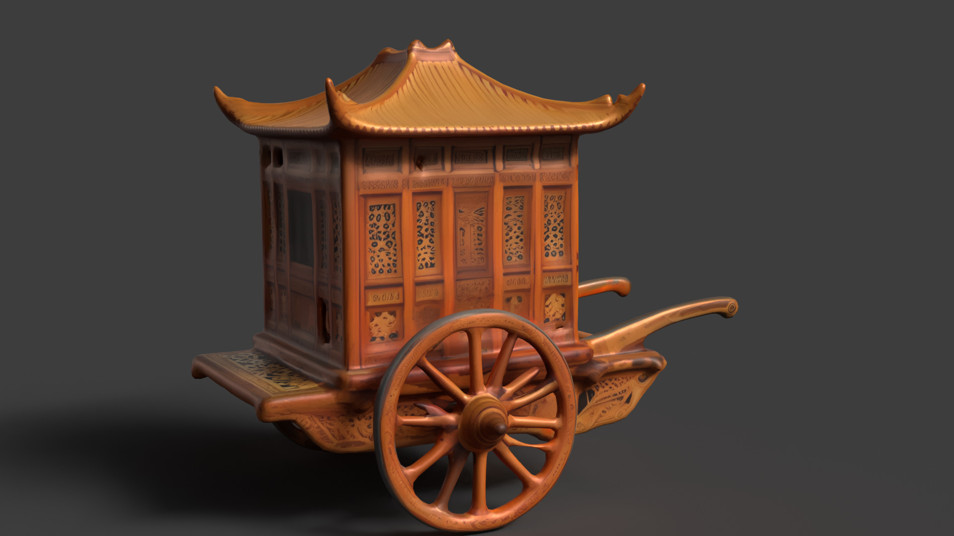 Chinese ancient wooden carriage Low-poly 3D model_3