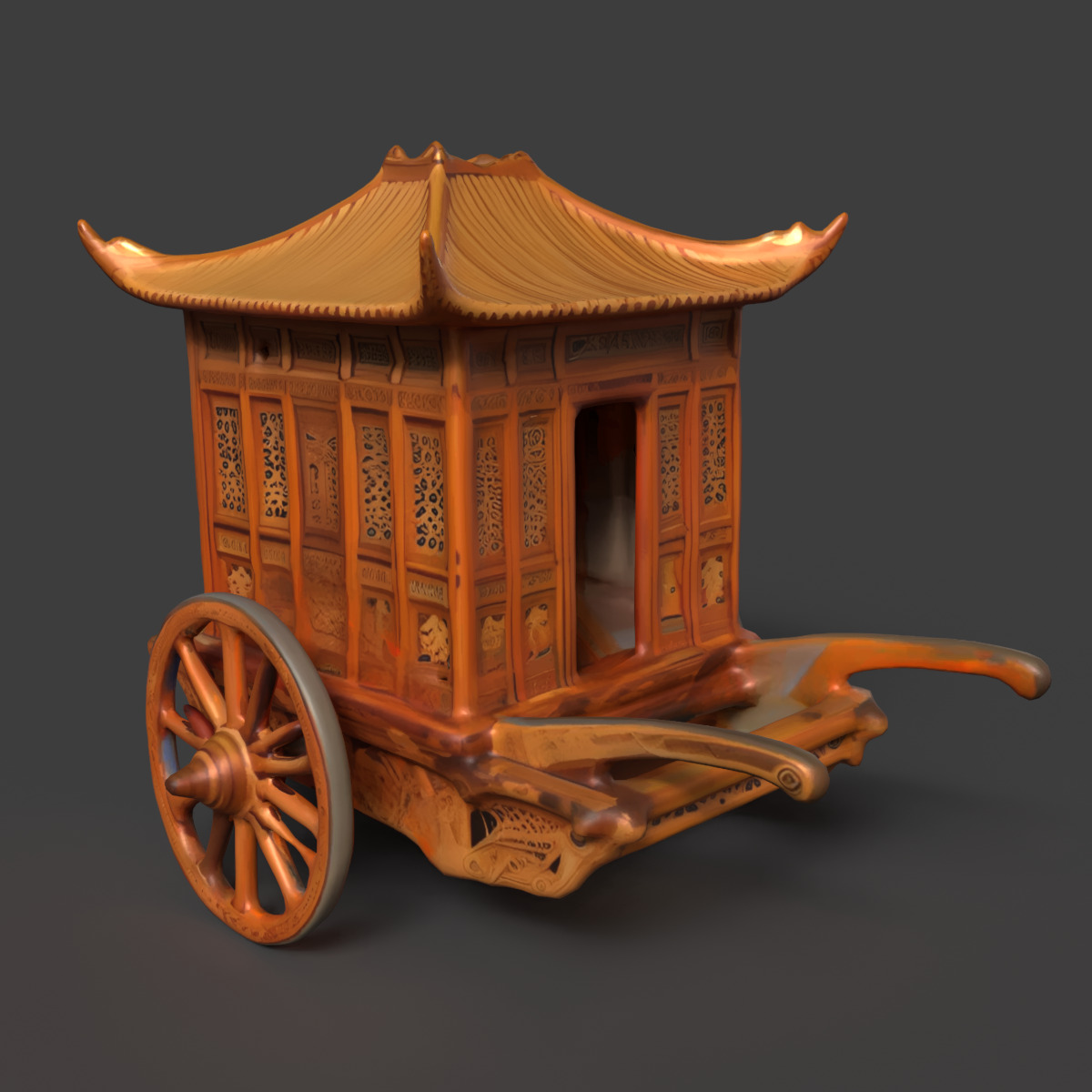 Chinese ancient wooden carriage Low-poly 3D model_6