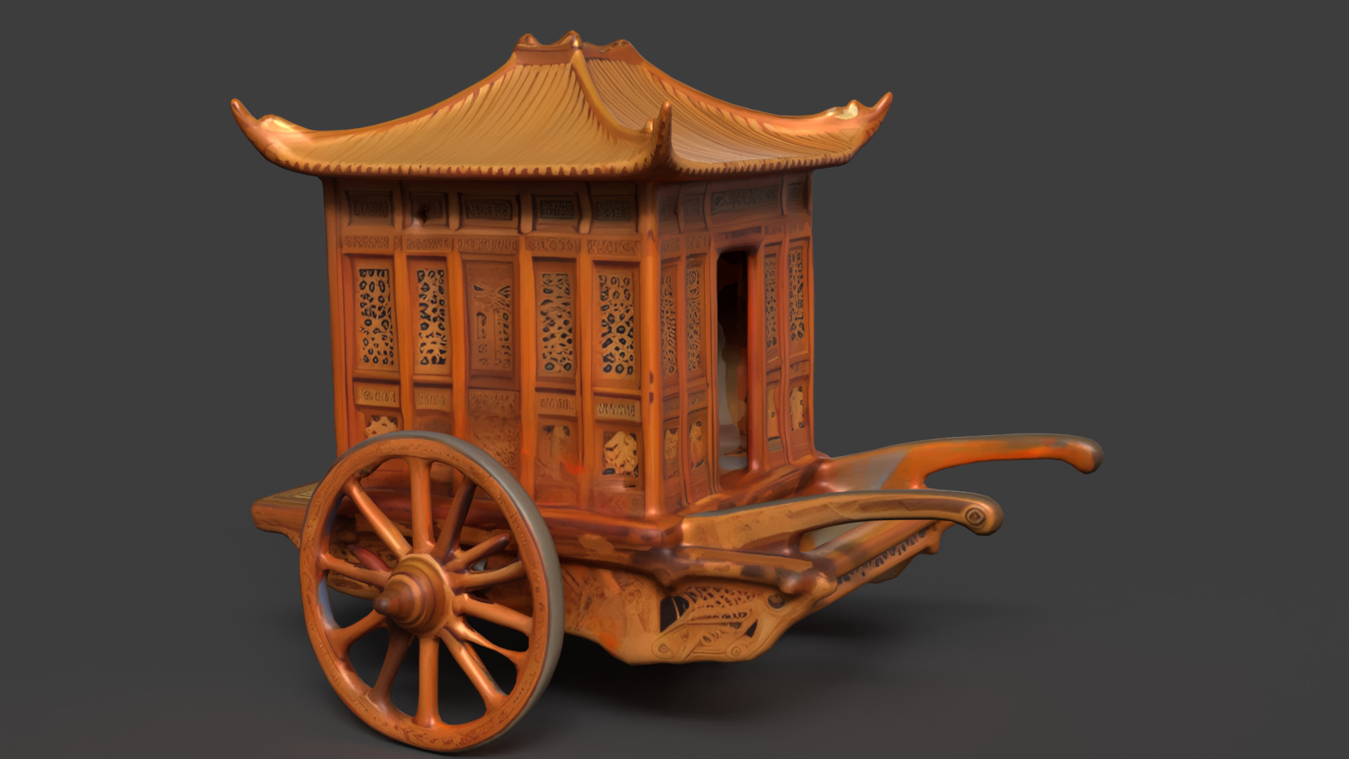 Chinese ancient wooden carriage Low-poly 3D model_2
