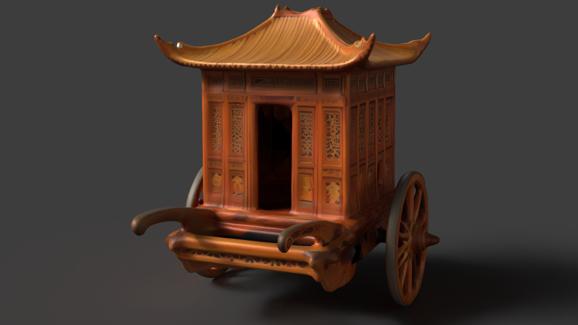 Chinese ancient wooden carriage Low-poly 3D model_4