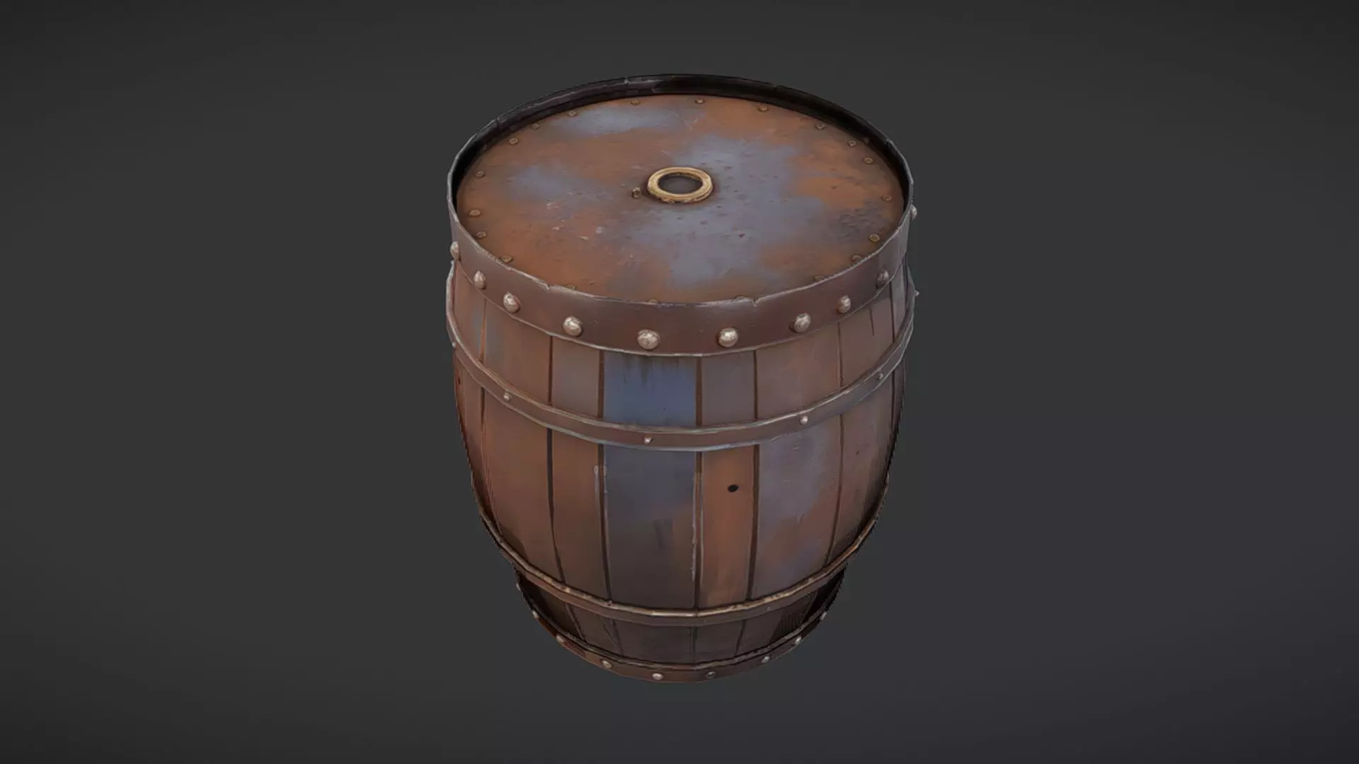 wooden barrel with metal bands 3D model_0