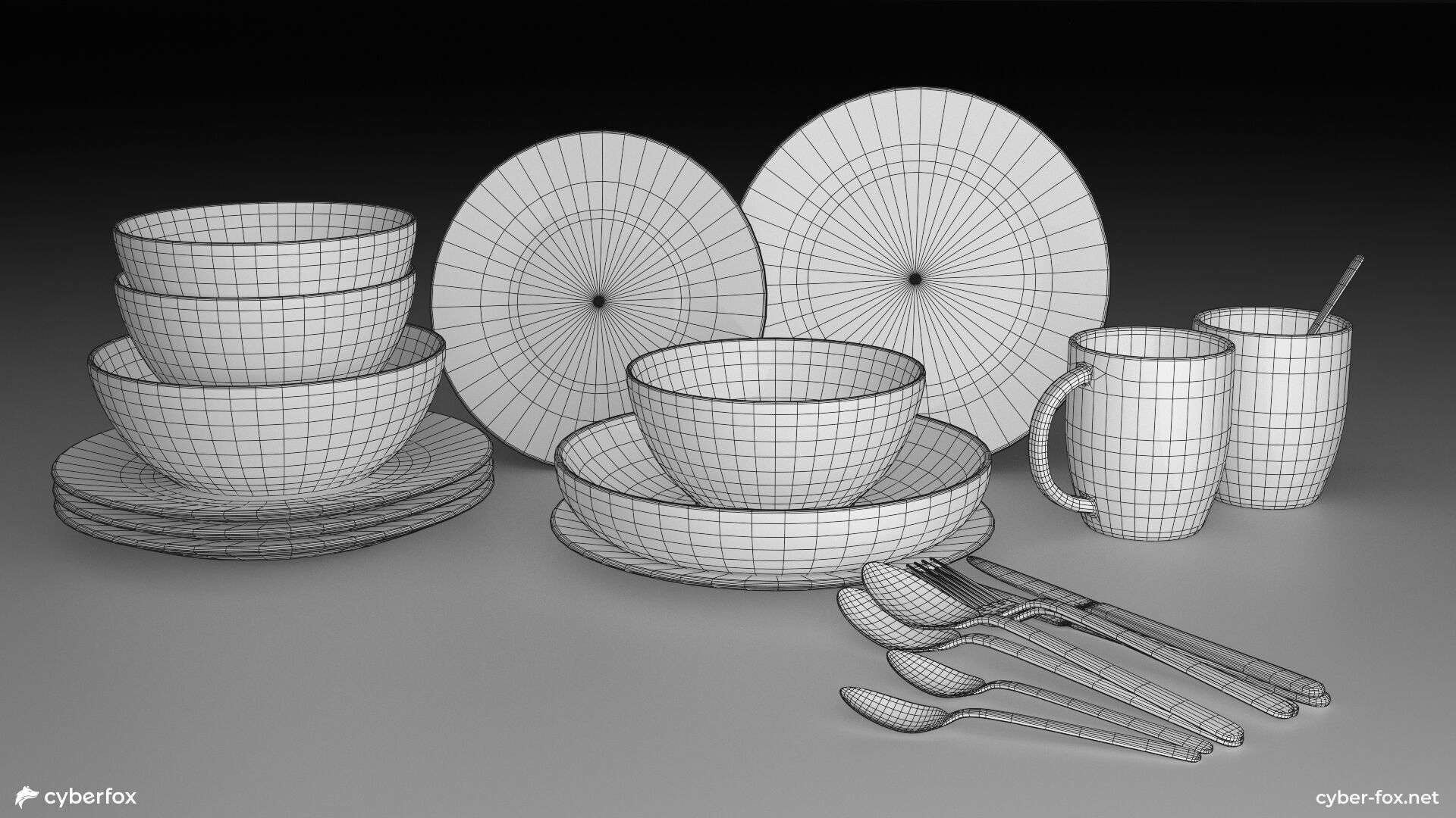 Marble Tableware Set with Cutlery Low-poly 3D model_8