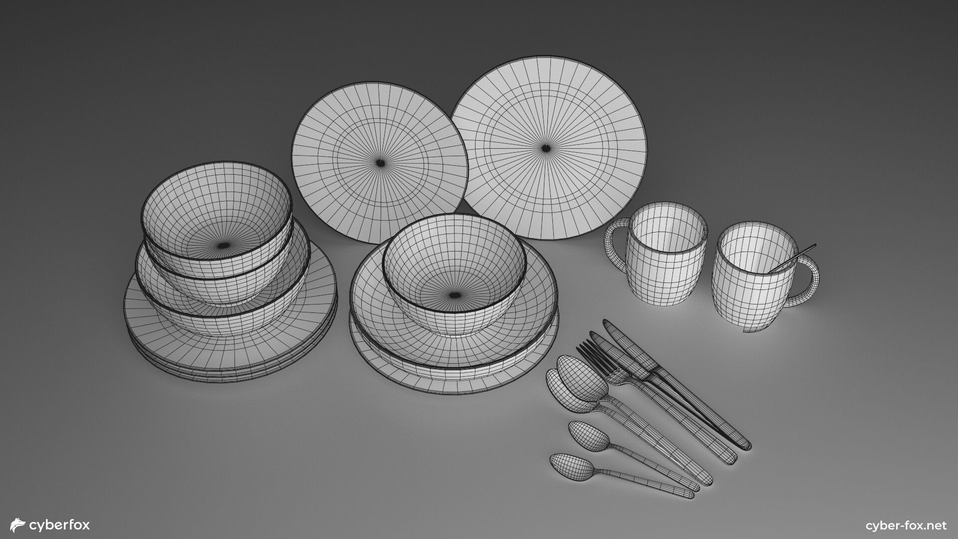 Marble Tableware Set with Cutlery Low-poly 3D model_9