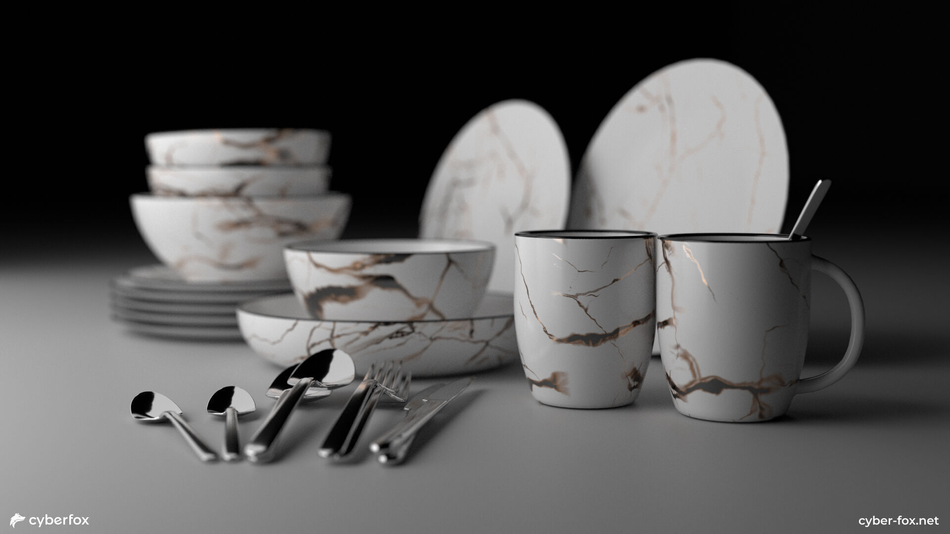 Marble Tableware Set with Cutlery Low-poly 3D model_1