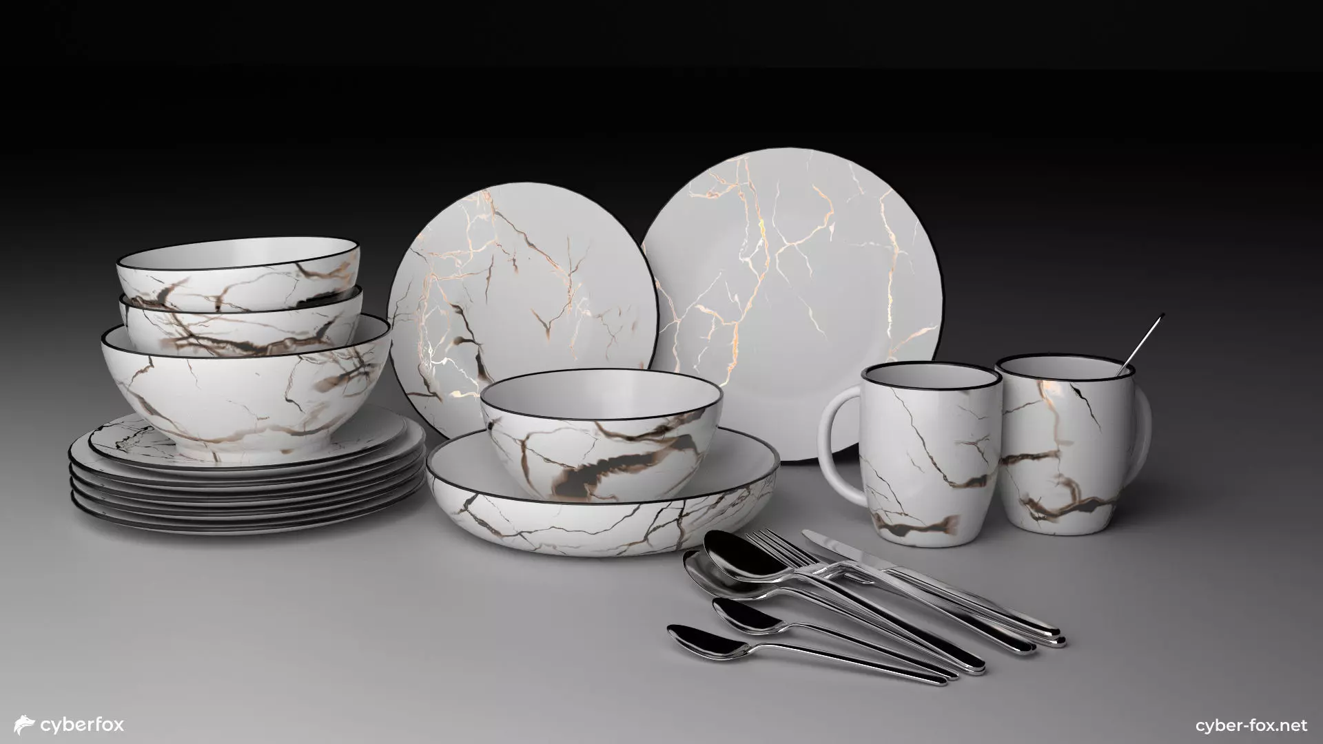 Marble Tableware Set with Cutlery Low-poly 3D model_0