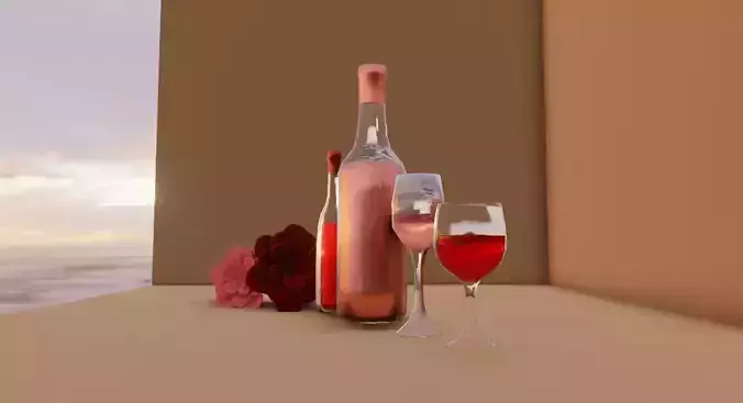 Realistic Wine Bottle and Glass Set  3D Model for Rendering