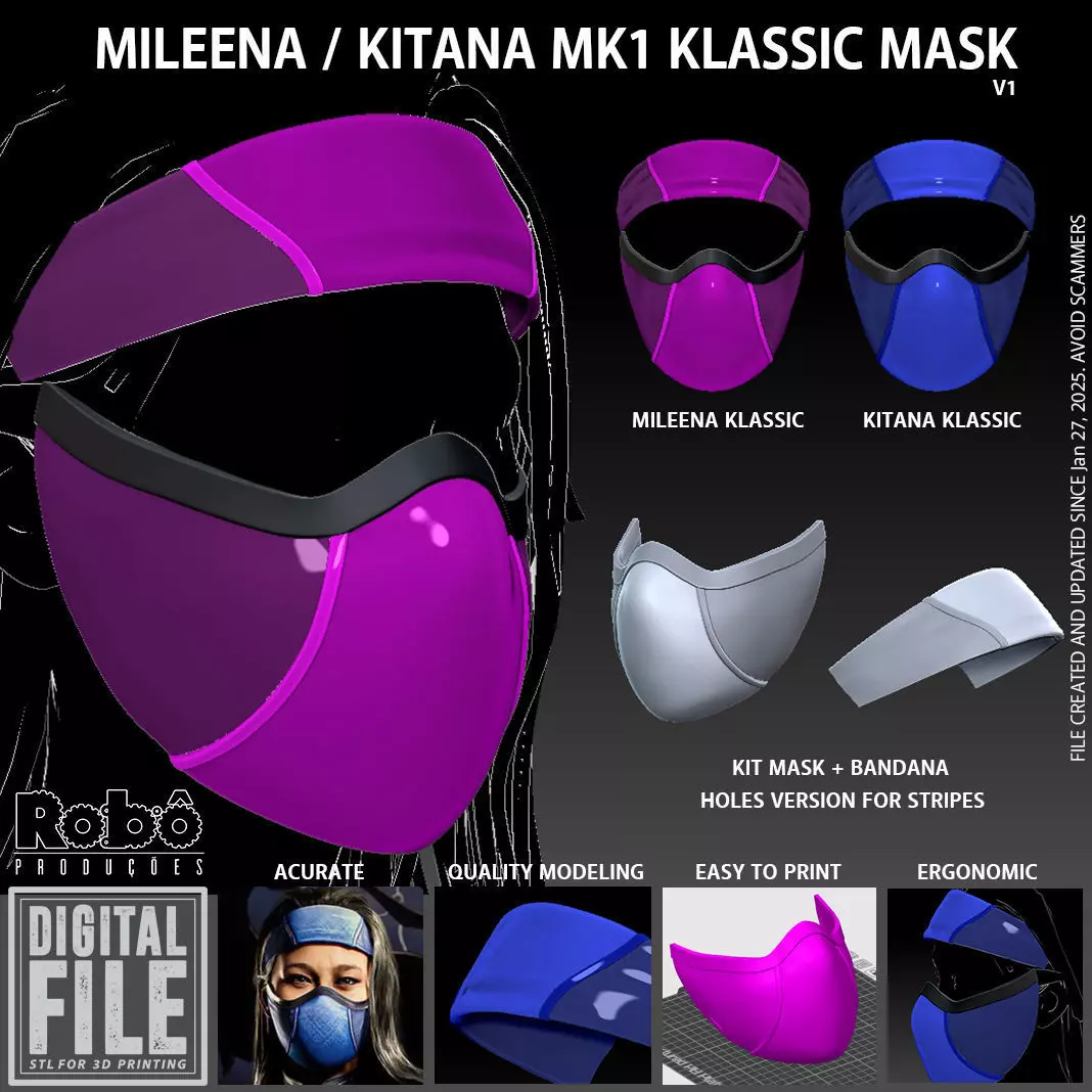 Kitana Mileena Klassic Mask - Bandana Cosplay - MK1 3D print model_0
