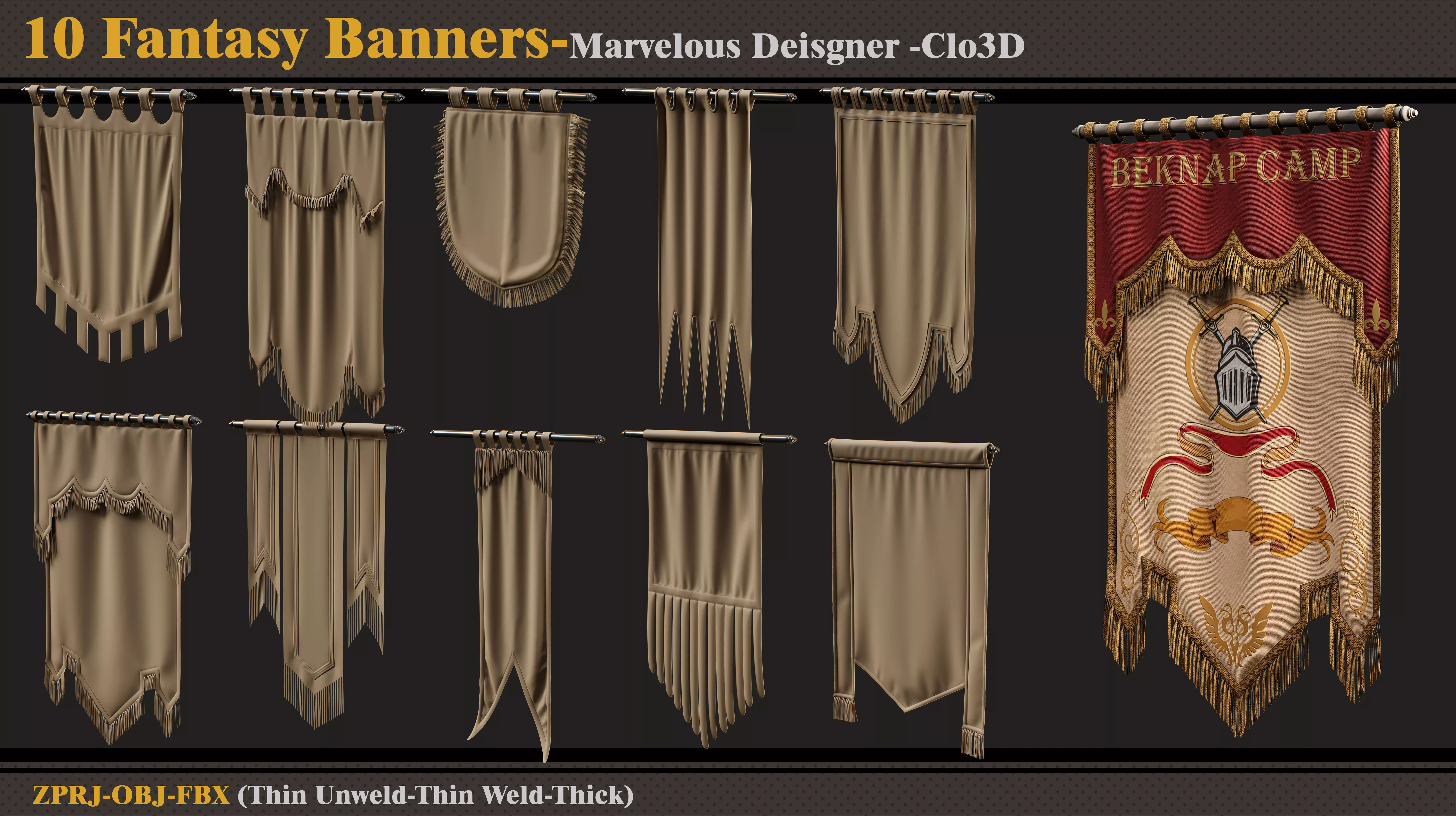 10 Fantasy Banners-Marvelous Designer-Clo3D-ZPRJ - FBX - OBJ 3D model