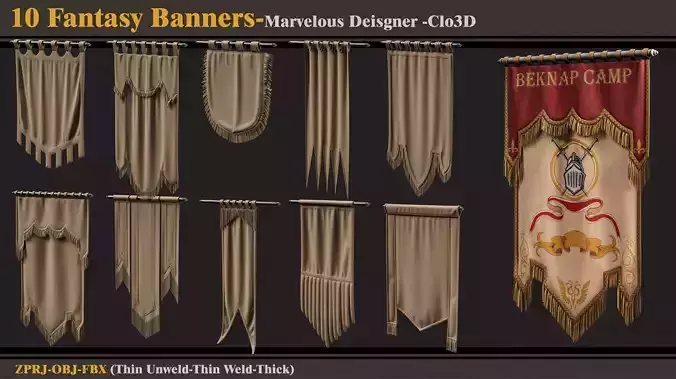 10 Fantasy Banners-Marvelous Designer-Clo3D-ZPRJ - FBX - OBJ