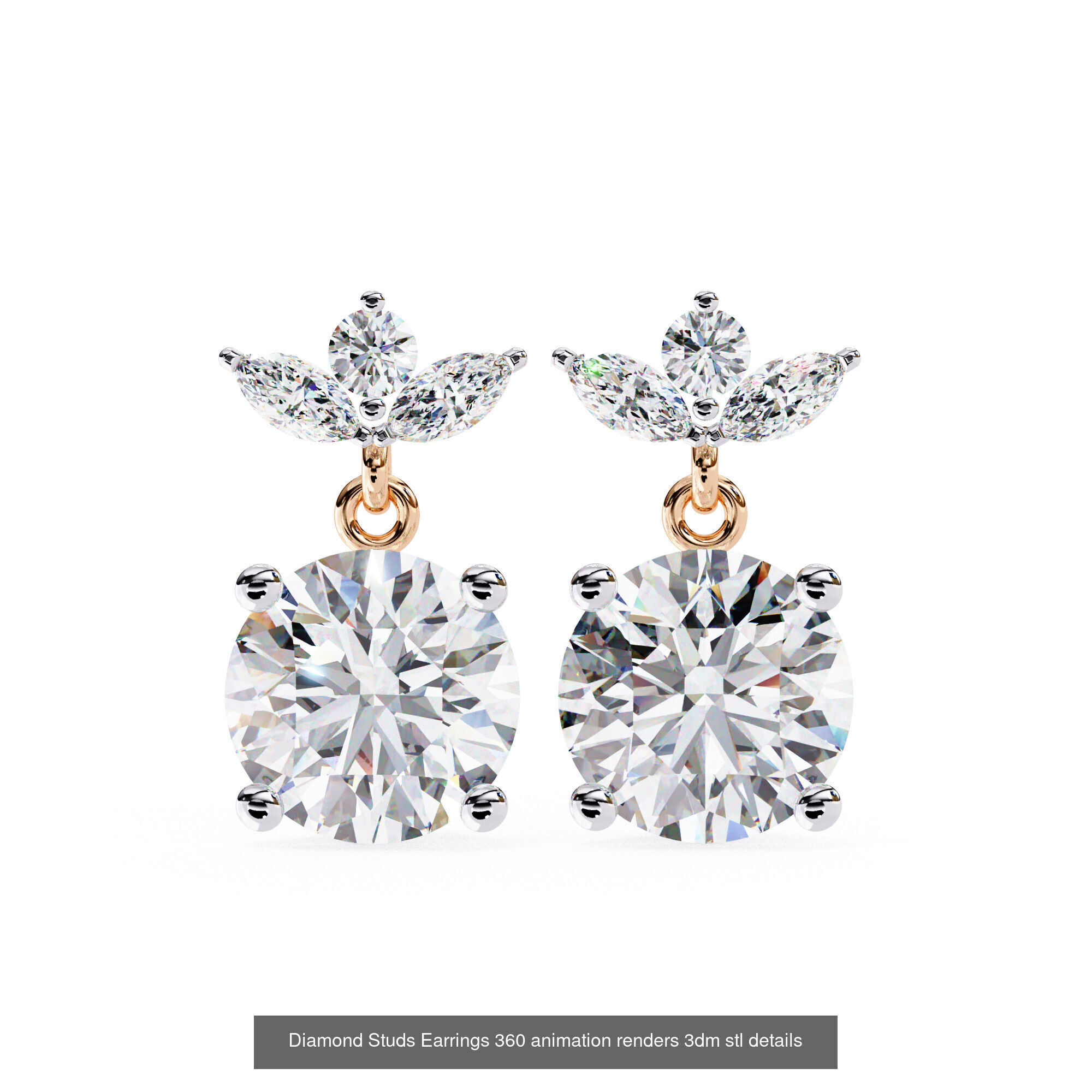 50 Diamond Studs Earrings 360 animation renders 3dm stl details 3D Model Collection_26