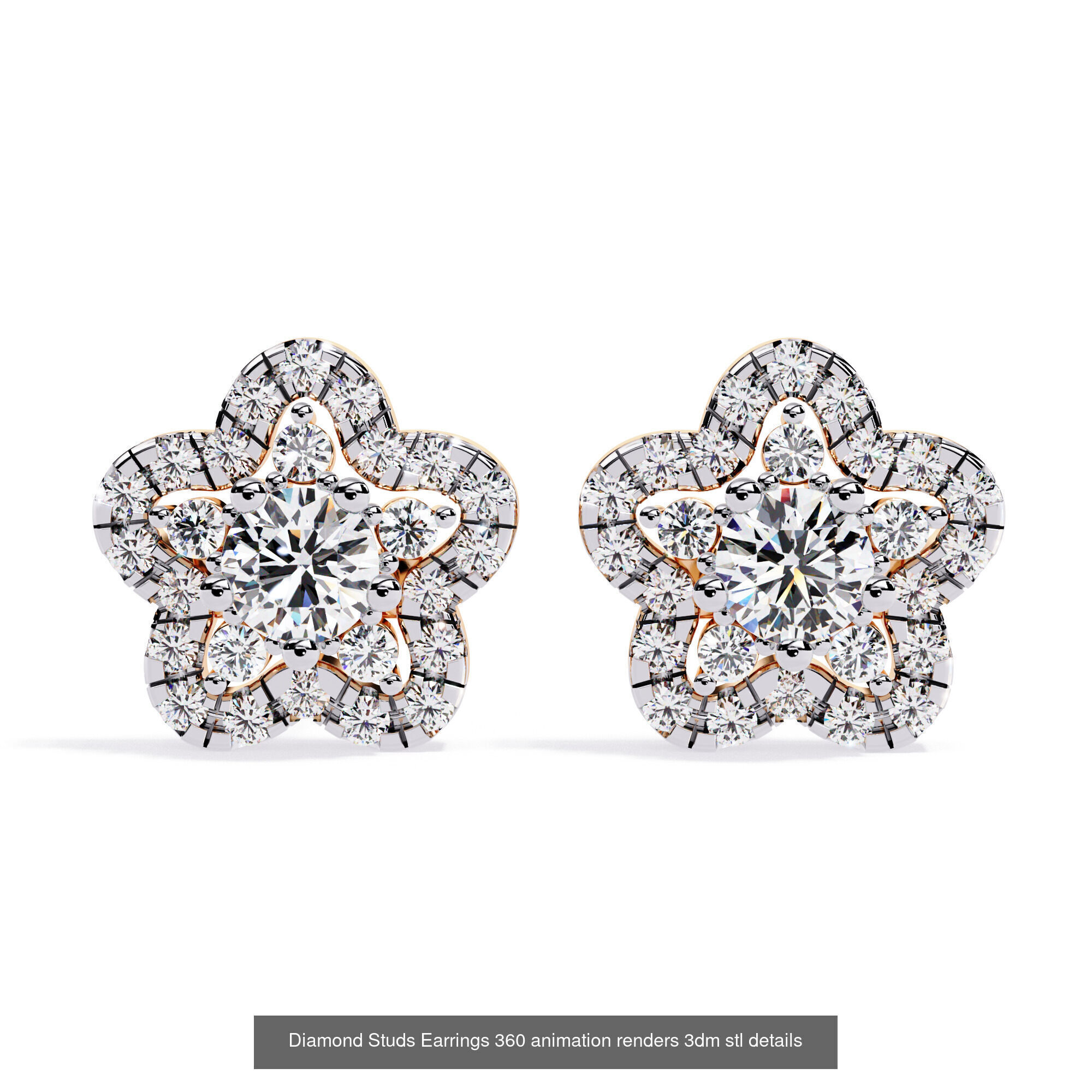 50 Diamond Studs Earrings 360 animation renders 3dm stl details 3D Model Collection_17