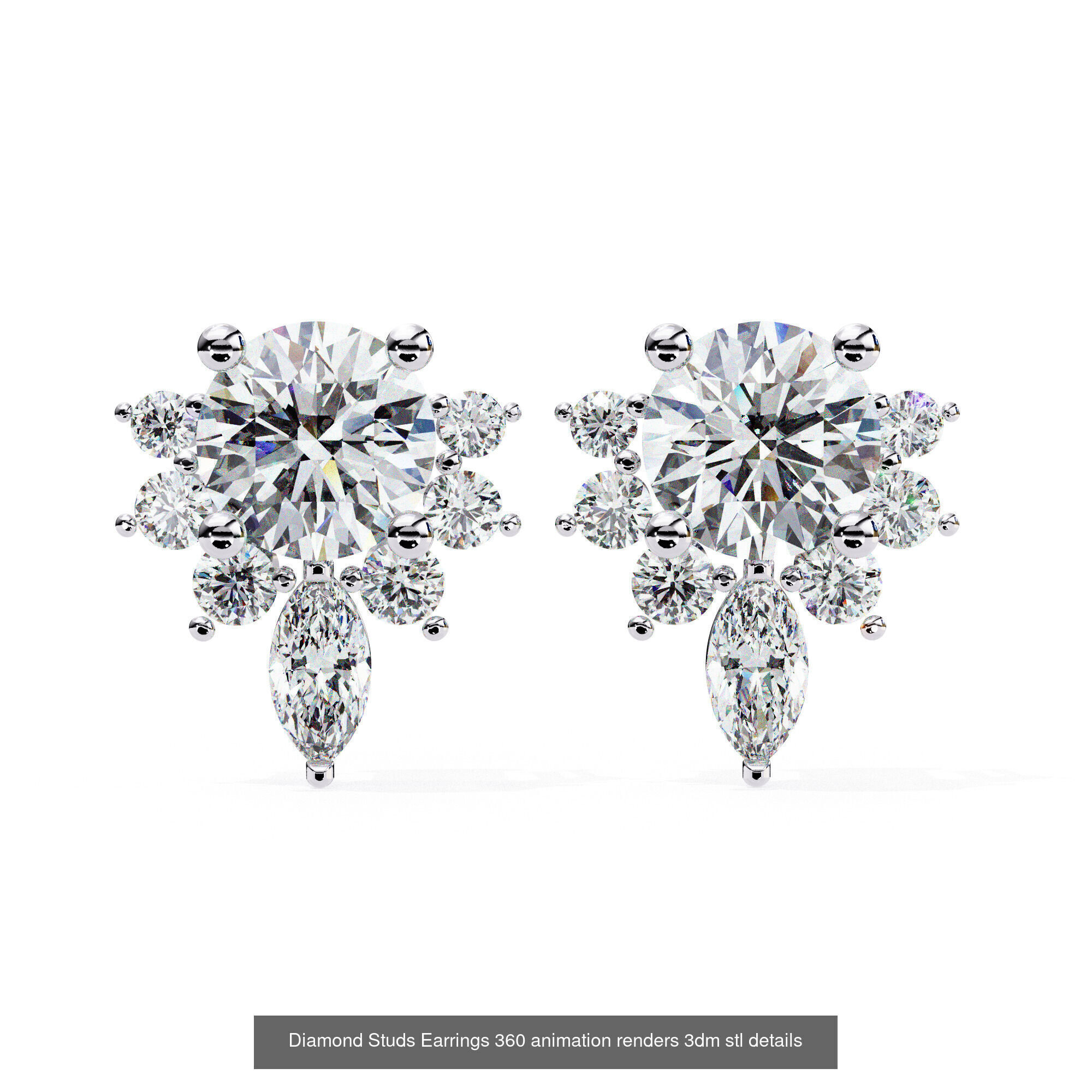 50 Diamond Studs Earrings 360 animation renders 3dm stl details 3D Model Collection_24