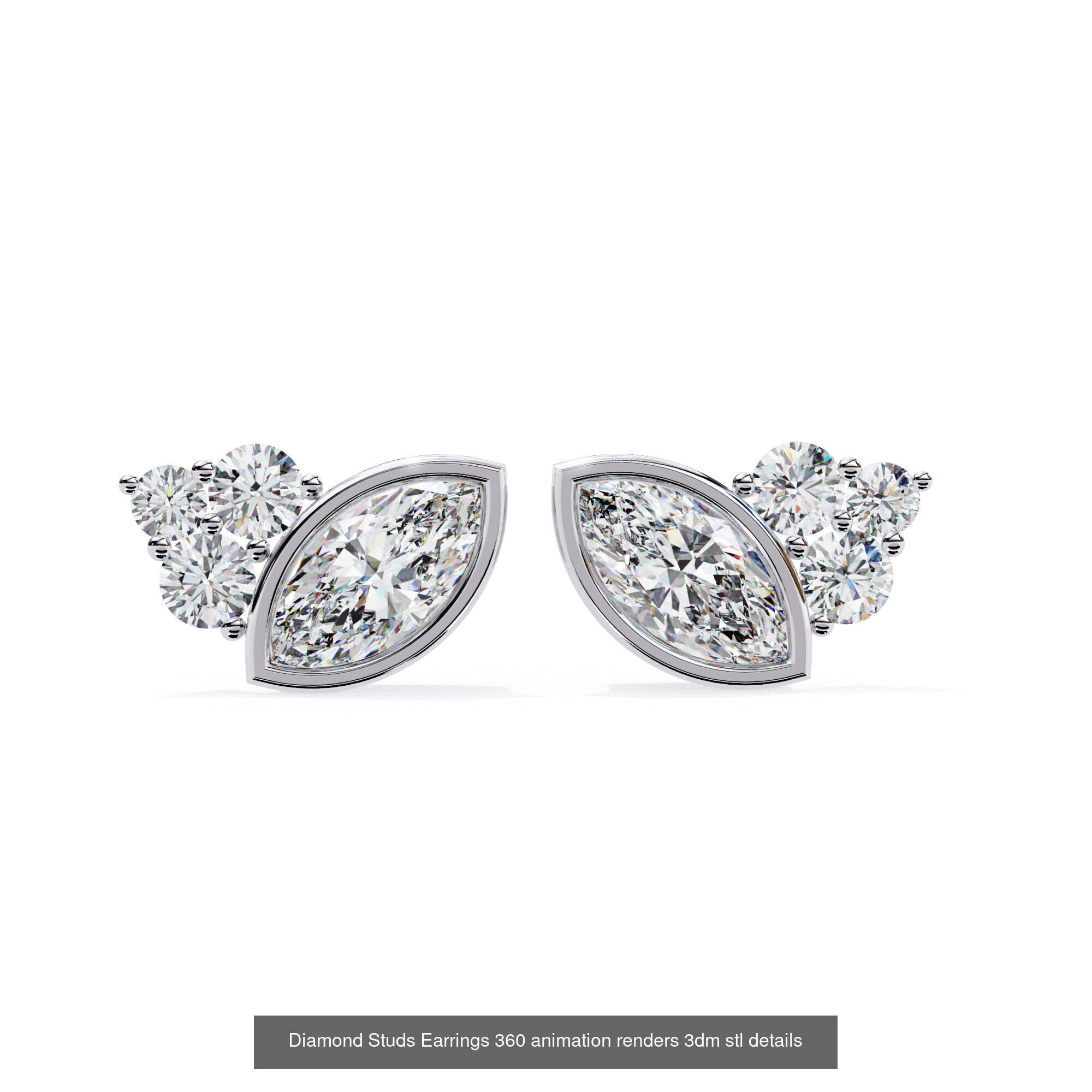 50 Diamond Studs Earrings 360 animation renders 3dm stl details 3D Model Collection_7