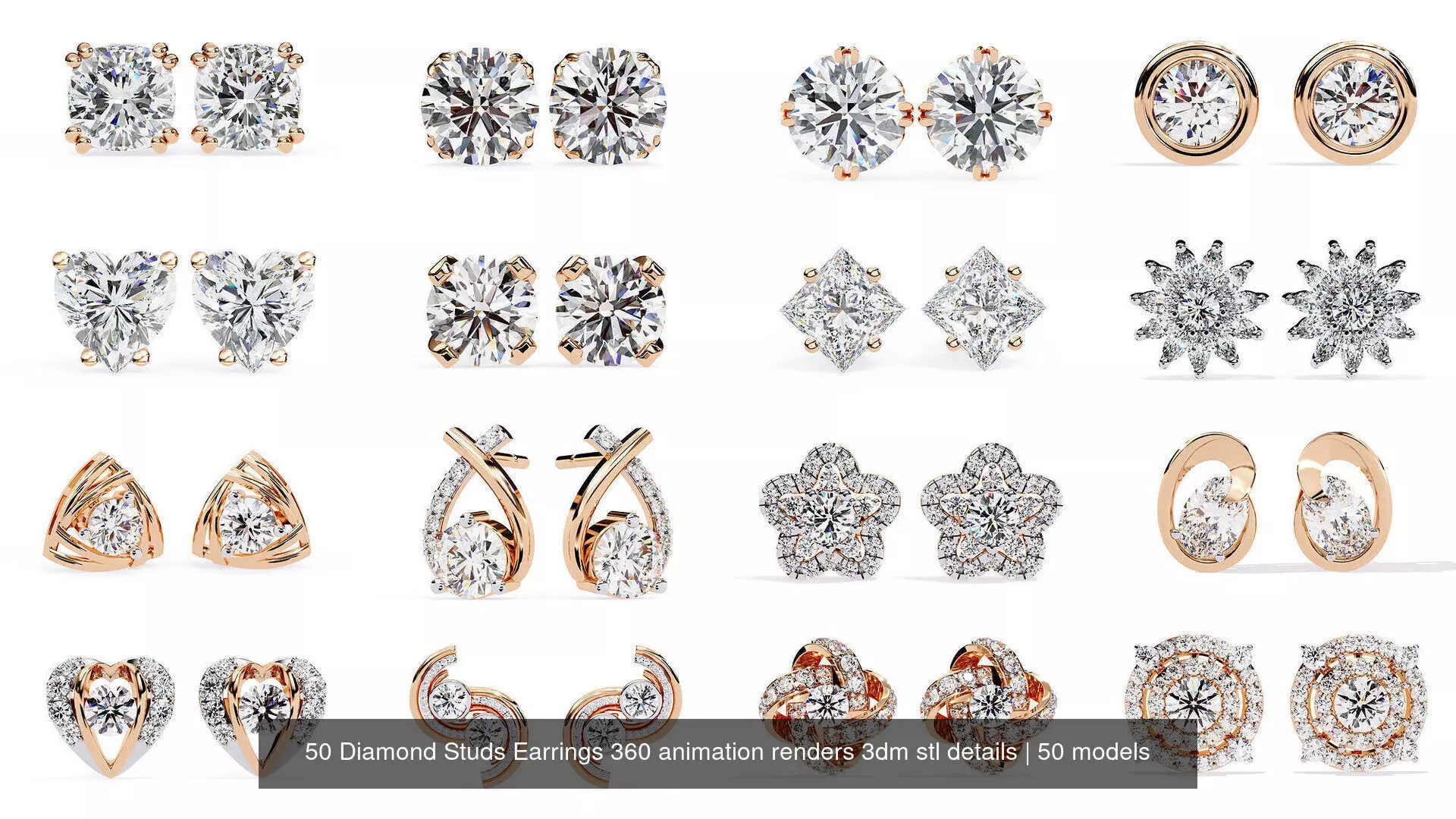 50 Diamond Studs Earrings 360 animation renders 3dm stl details 3D Model Collection_0