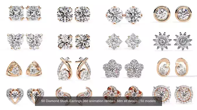 50 Diamond Studs Earrings 360 animation renders 3dm stl details 3D Model Collection