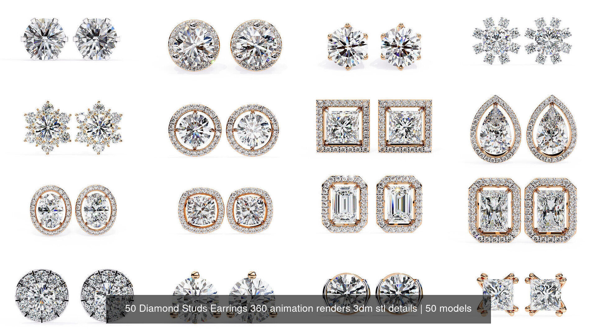 50 Diamond Studs Earrings 360 animation renders 3dm stl details 3D Model Collection_1