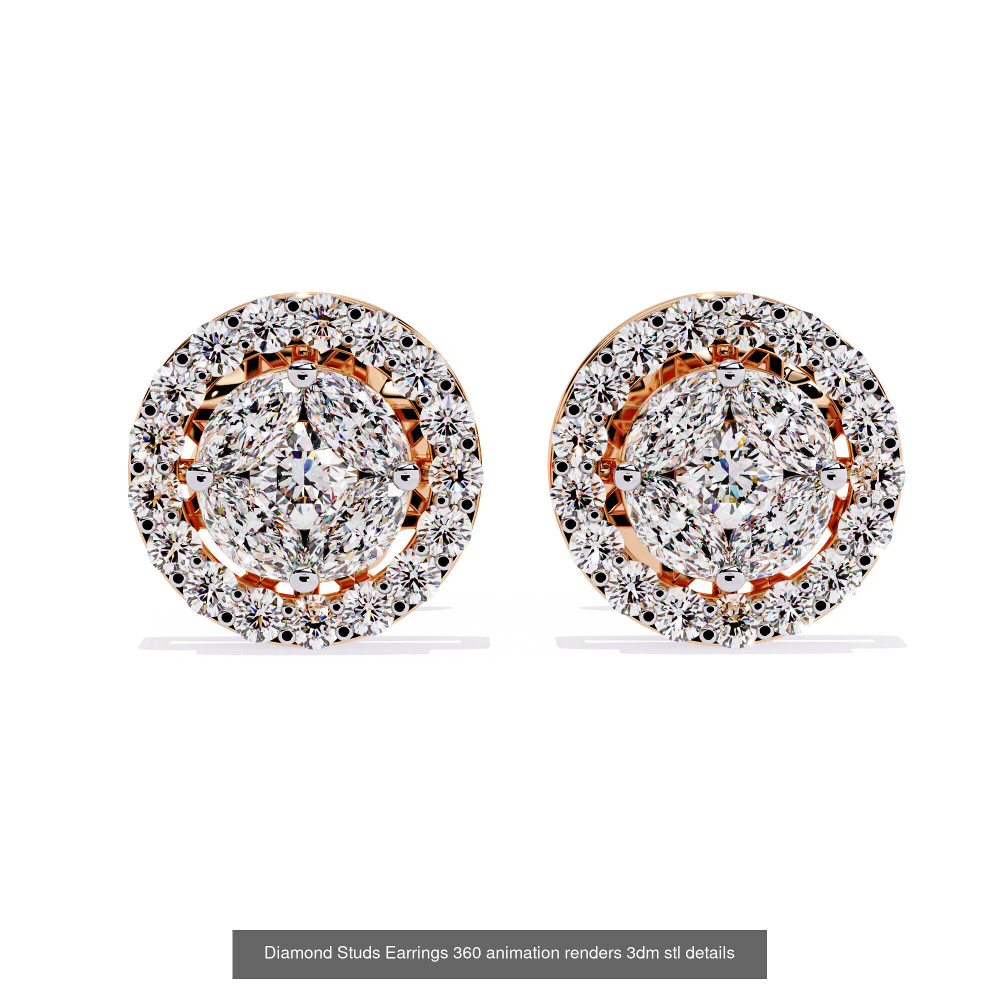 50 Diamond Studs Earrings 360 animation renders 3dm stl details 3D Model Collection_51