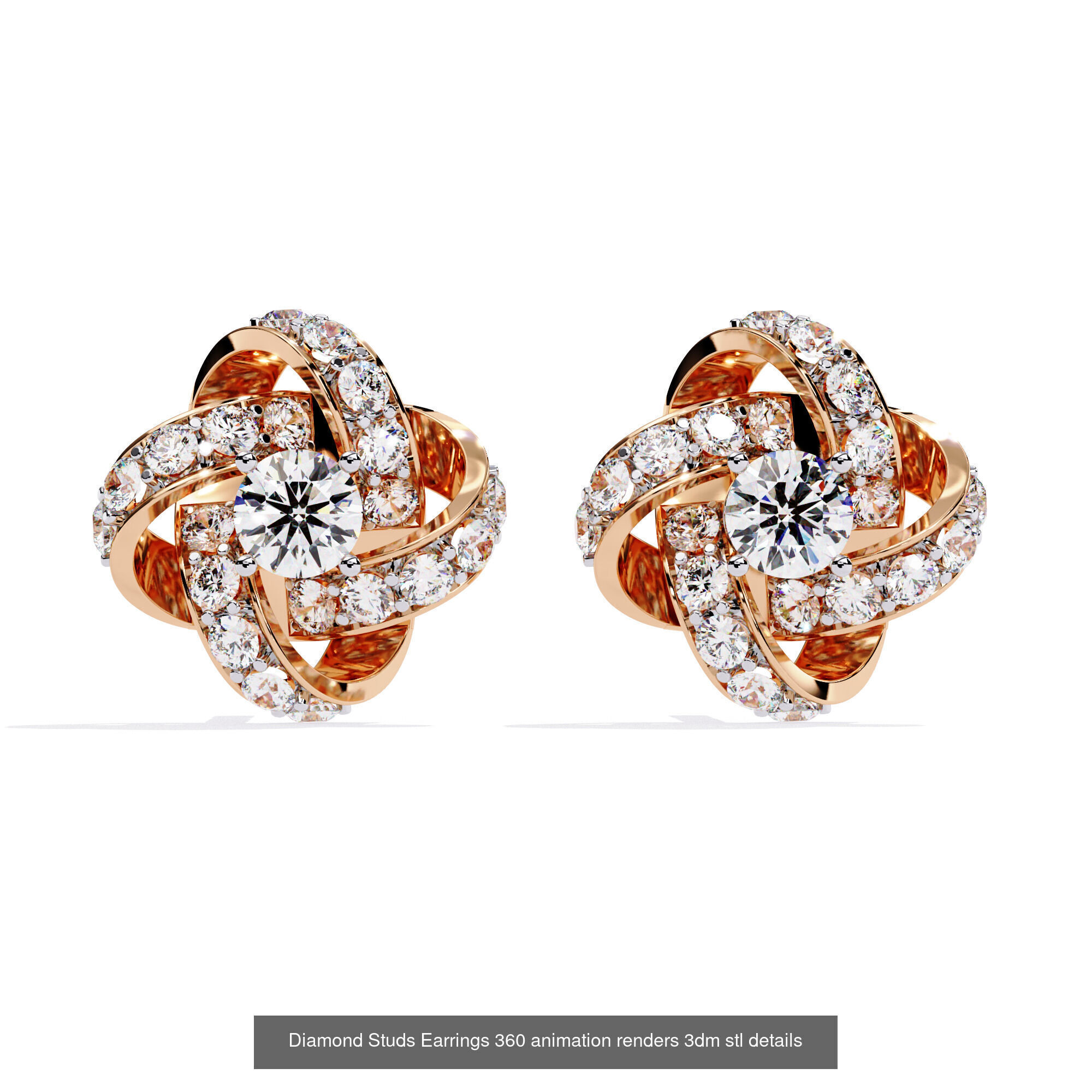 50 Diamond Studs Earrings 360 animation renders 3dm stl details 3D Model Collection_50