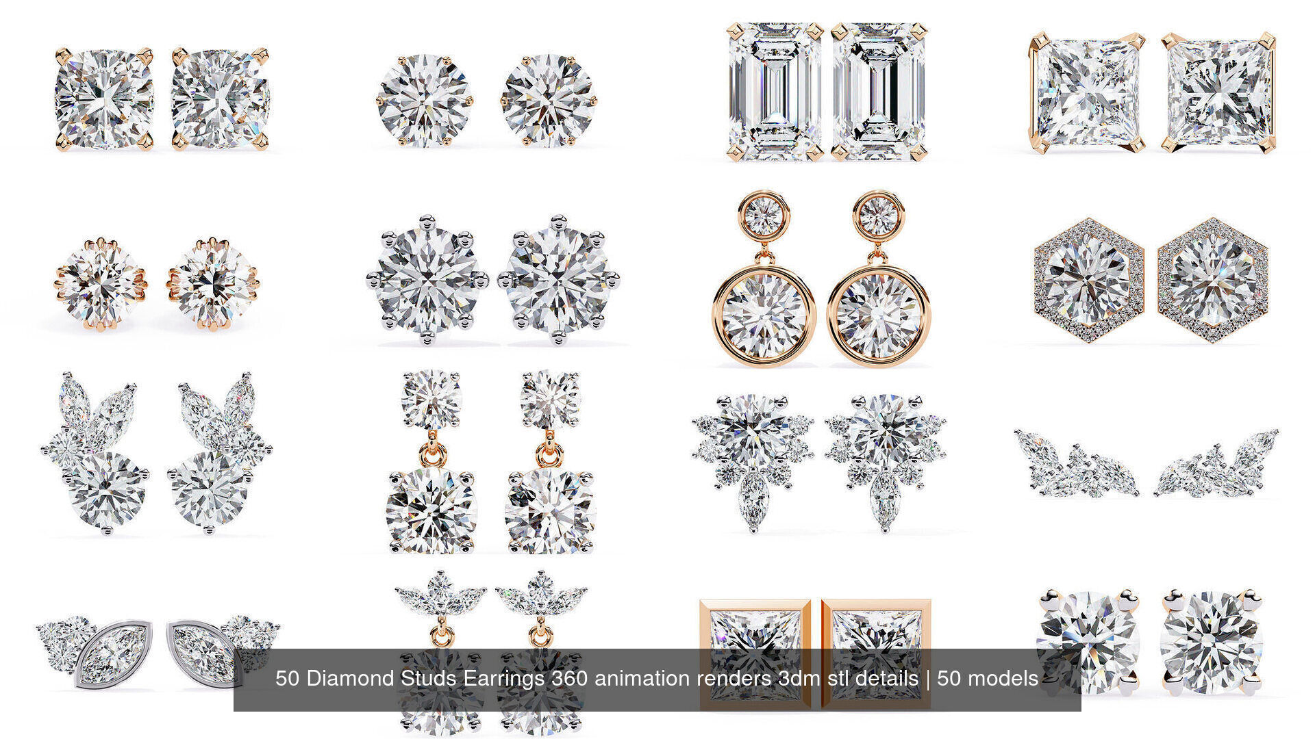 50 Diamond Studs Earrings 360 animation renders 3dm stl details 3D Model Collection_2