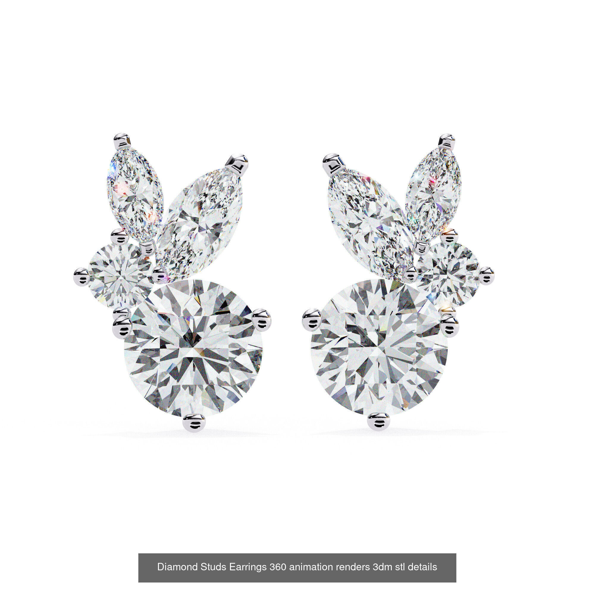 50 Diamond Studs Earrings 360 animation renders 3dm stl details 3D Model Collection_22