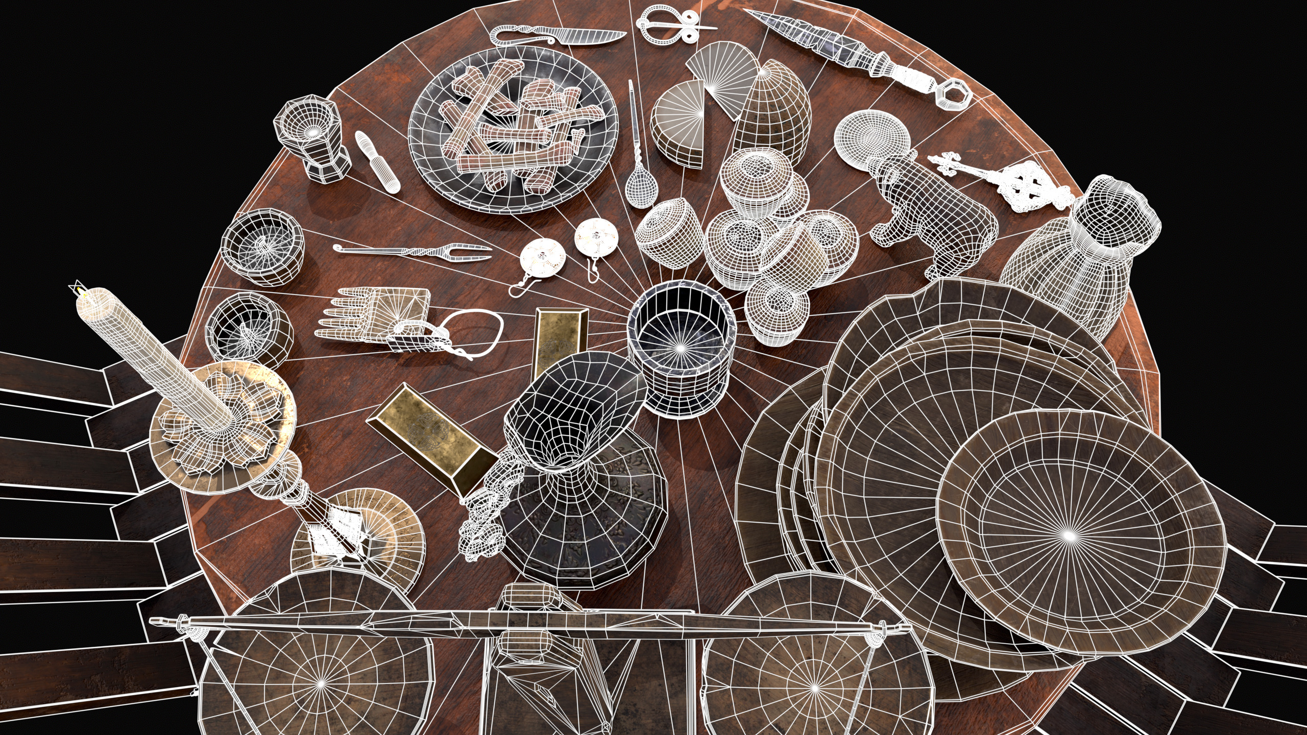 Small Round Cluttered Table Low-poly 3D model_10