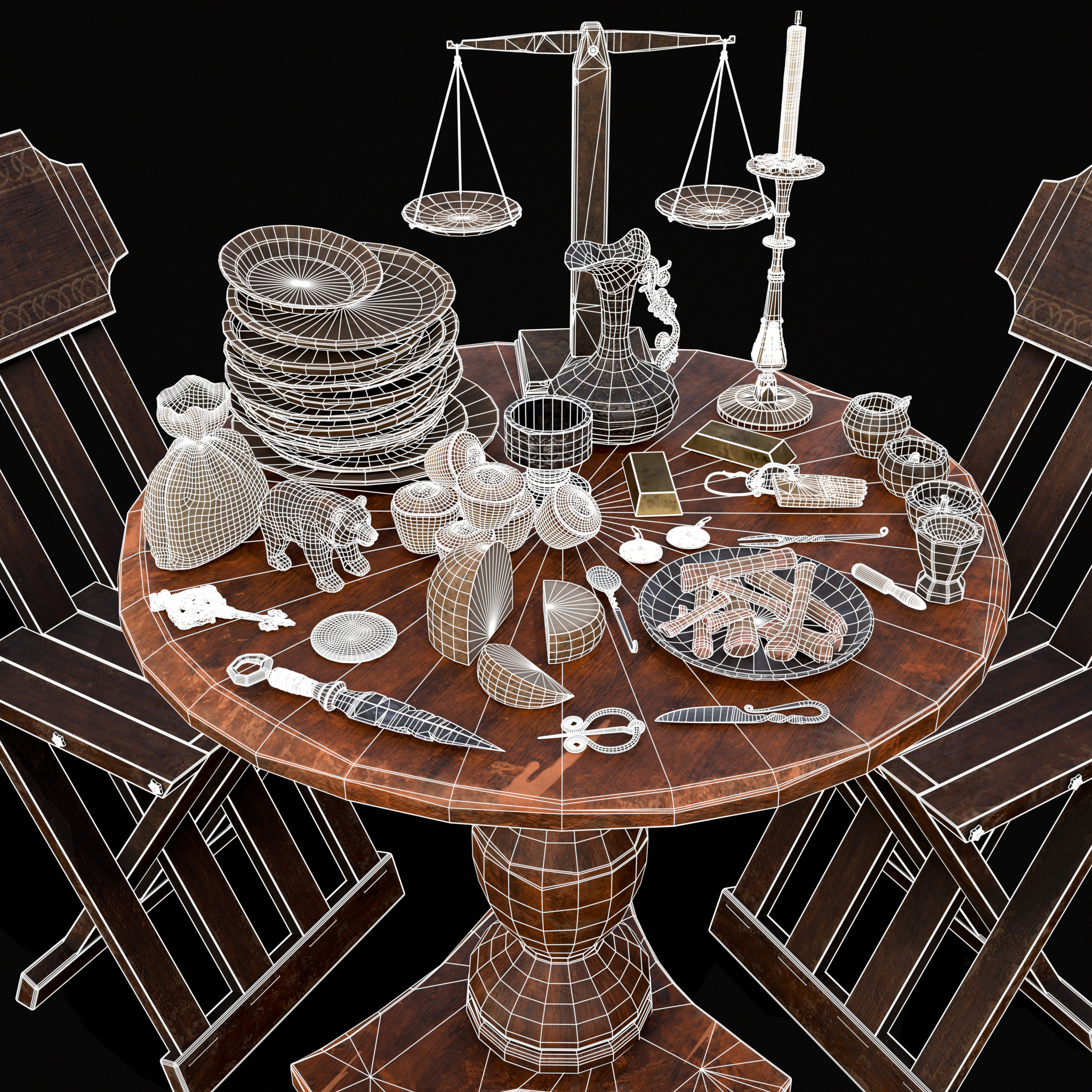 Small Round Cluttered Table Low-poly 3D model_4