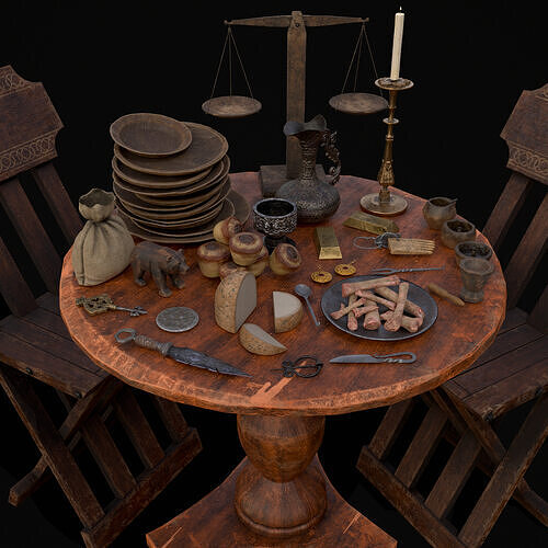 Small Round Cluttered Table Low-poly 3D model 3
