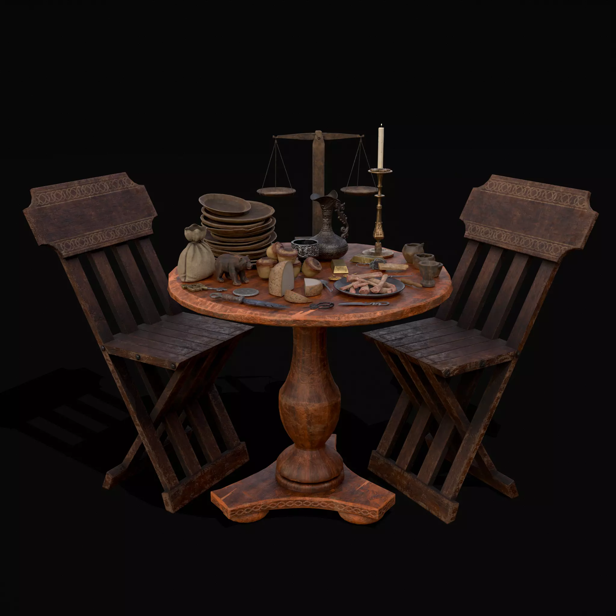Small Round Cluttered Table Low-poly 3D model_0