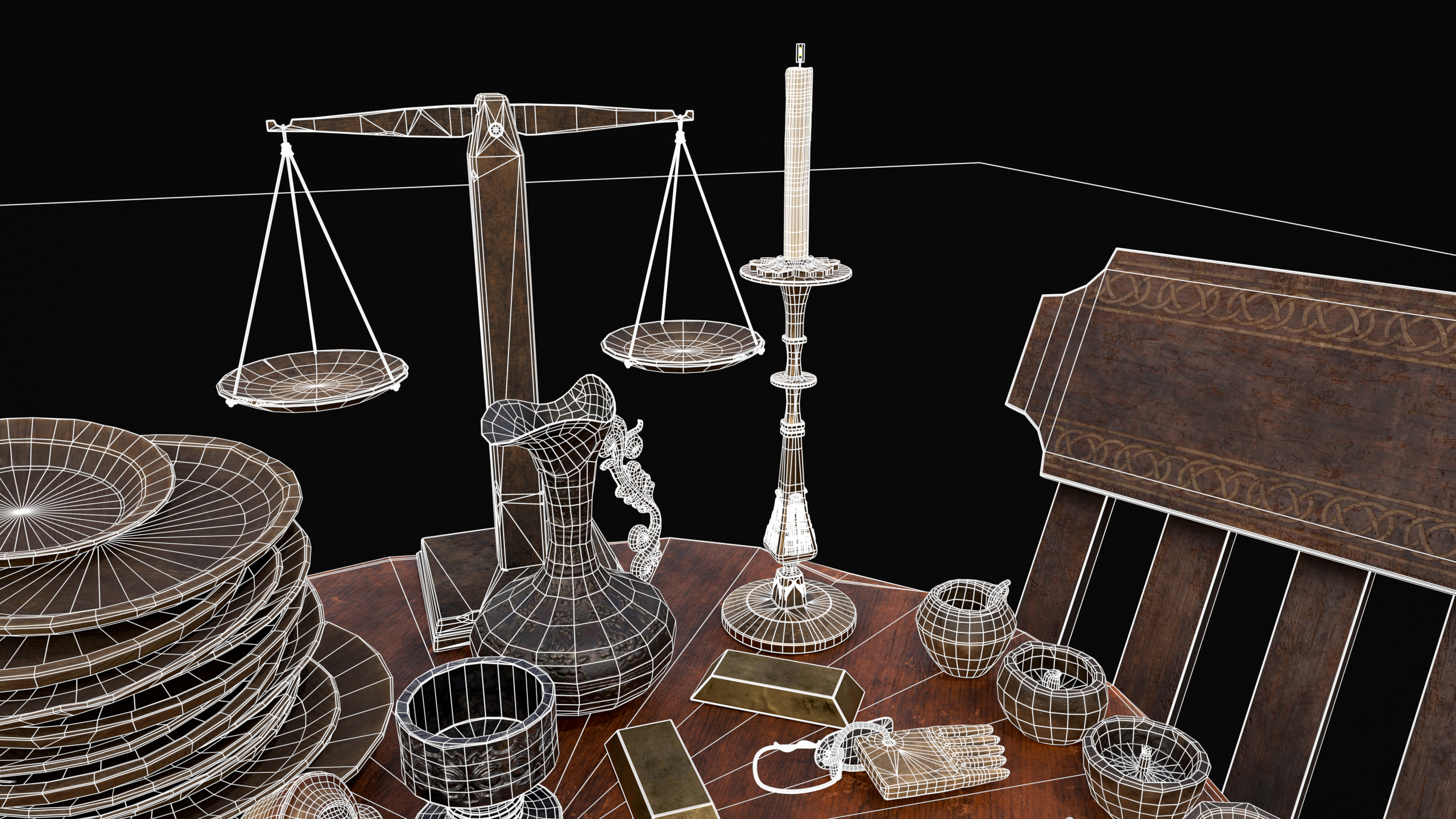 Small Round Cluttered Table Low-poly 3D model_8