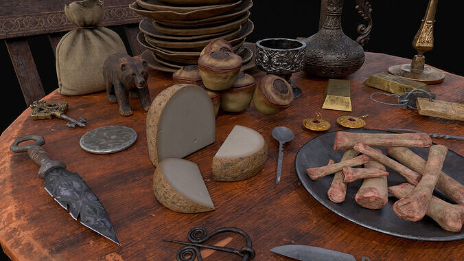 Small Round Cluttered Table Low-poly 3D model 5