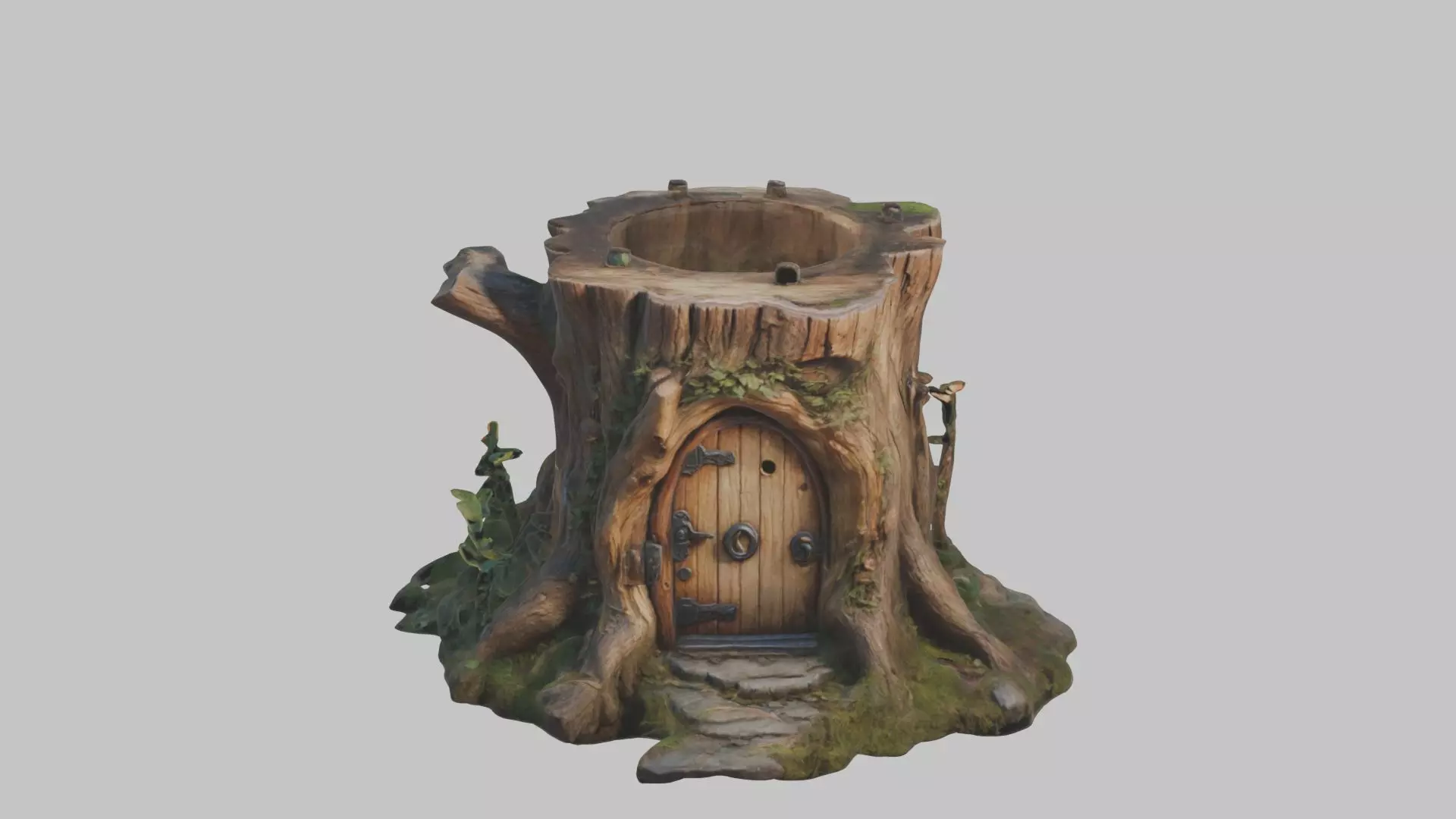 Stylized Tree Stump with Wooden Door Low-poly 3D model