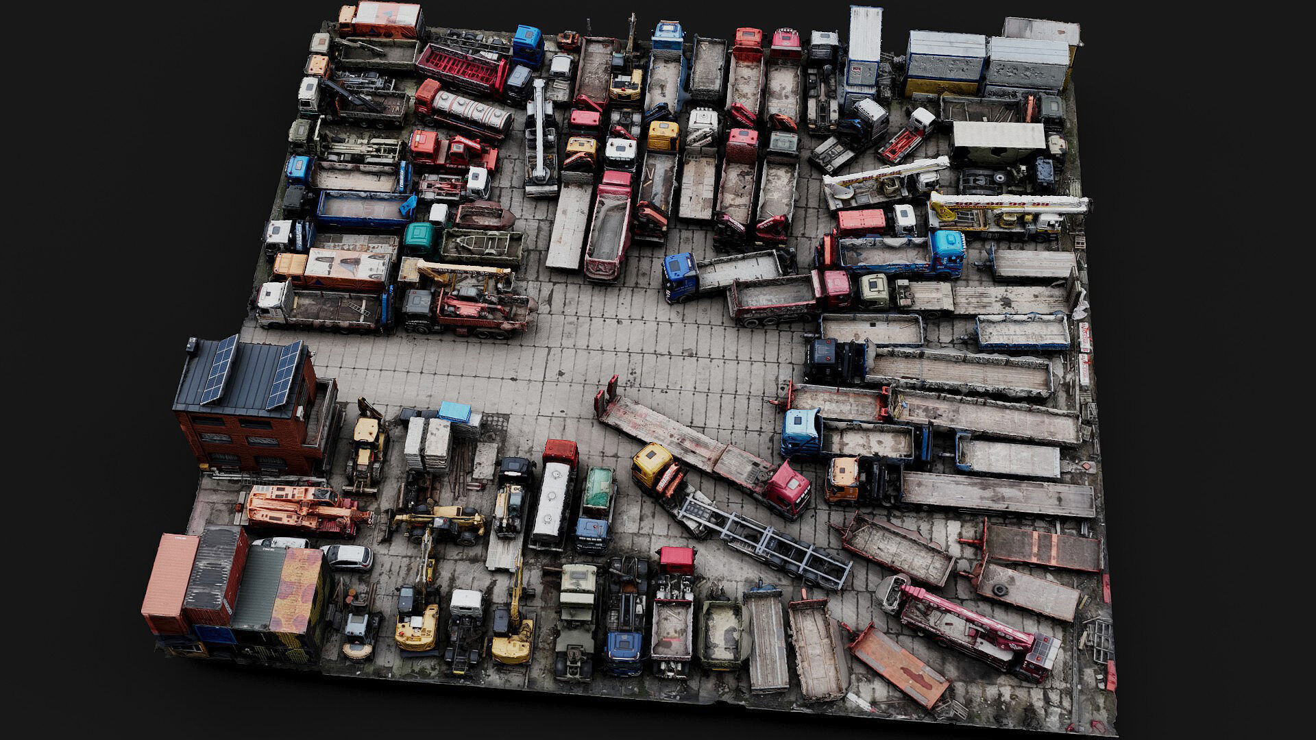 trucks machinery vehicles factory storage parking scan Low-poly 3D model_1