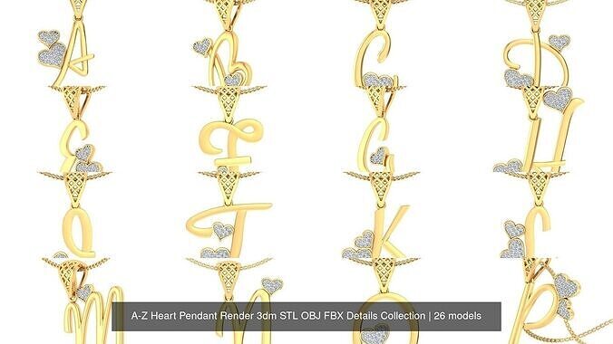 A-Z Heart Pendant Render 3dm STL OBJ FBX Details Collection 