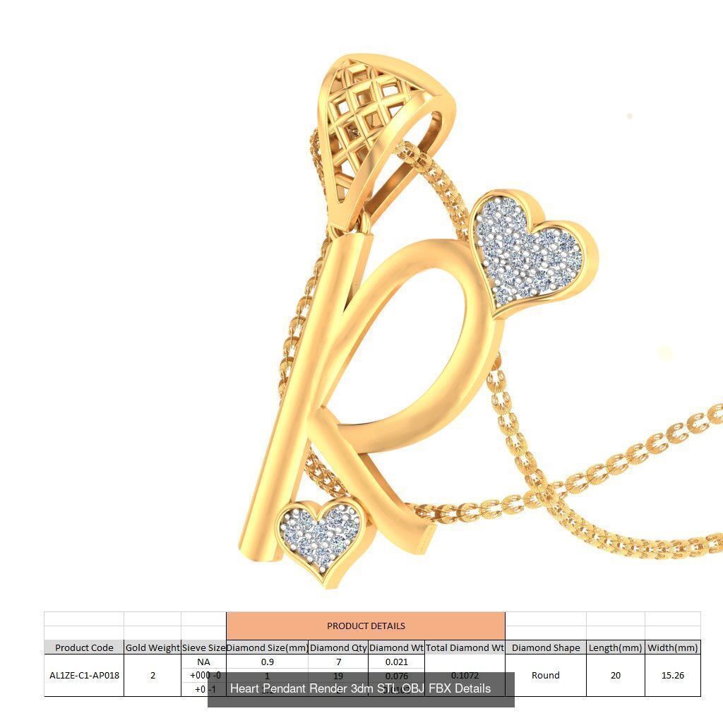 A-Z Heart Pendant Render 3dm STL OBJ FBX Details Collection _19