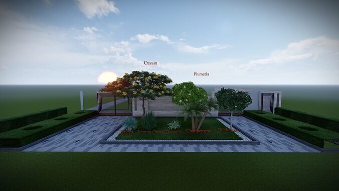 High-Quality 3D Models of Trees Plants Grass Paver and Gate 3D model