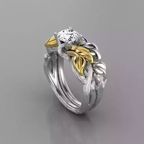 Leaf engagement ring with wedding band