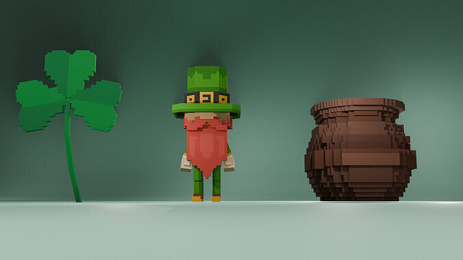 Voxel Leprechaun Clover  Treasure Chest  100 Animations Low-poly 3D model