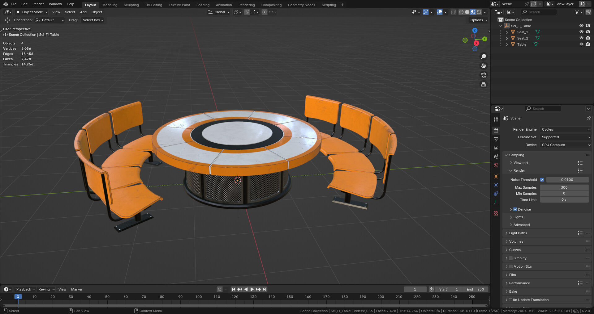 Table and Seats PBR Low-poly 3D model_9