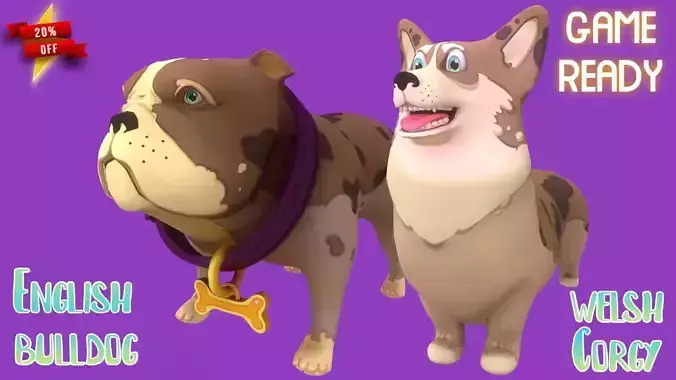 Cartoon Spotted Dogs Pack Bulldog and Corgi Game Ready  3D Model Collection