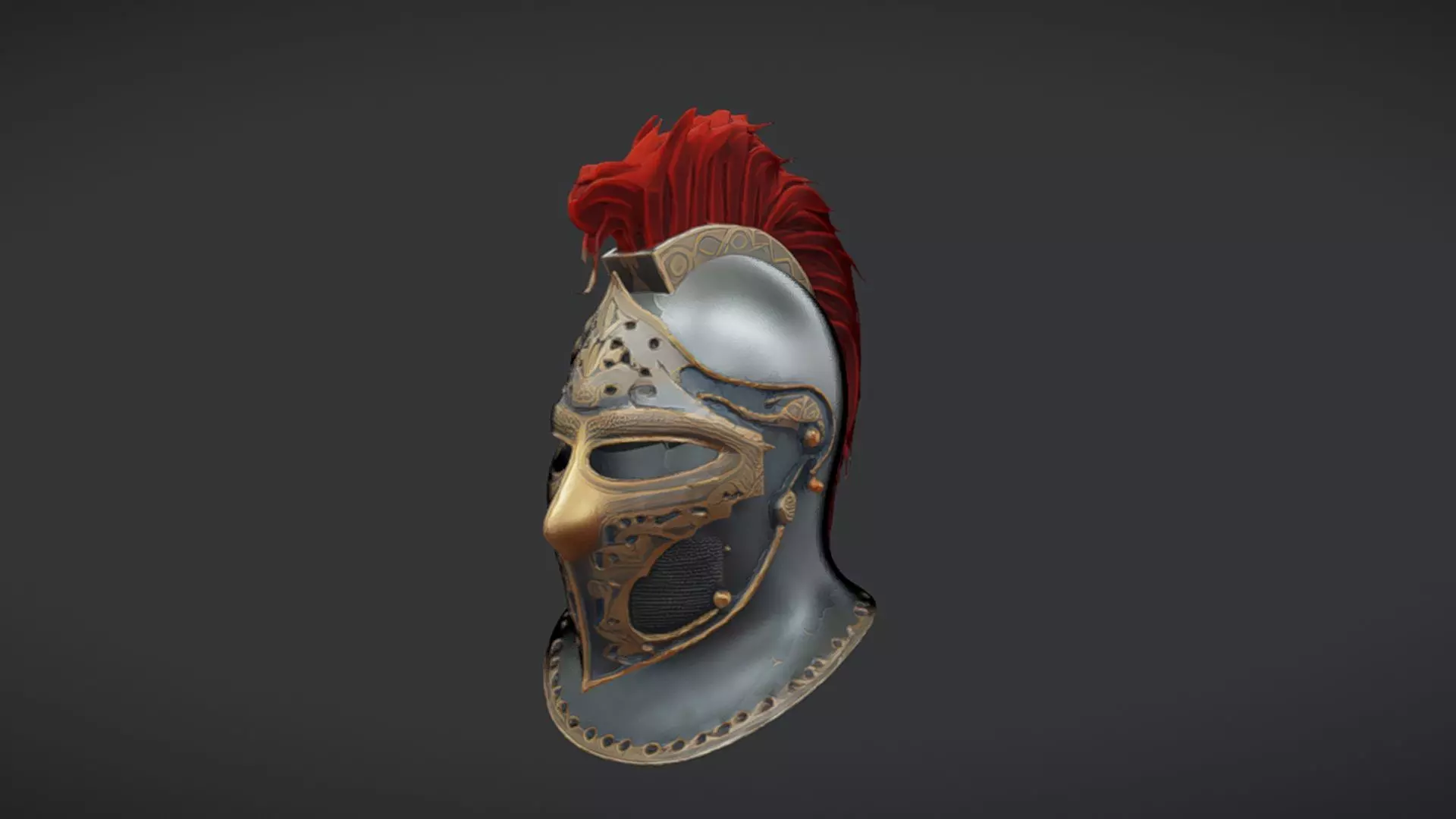 ornate medieval helmet with red plume 3D model_0