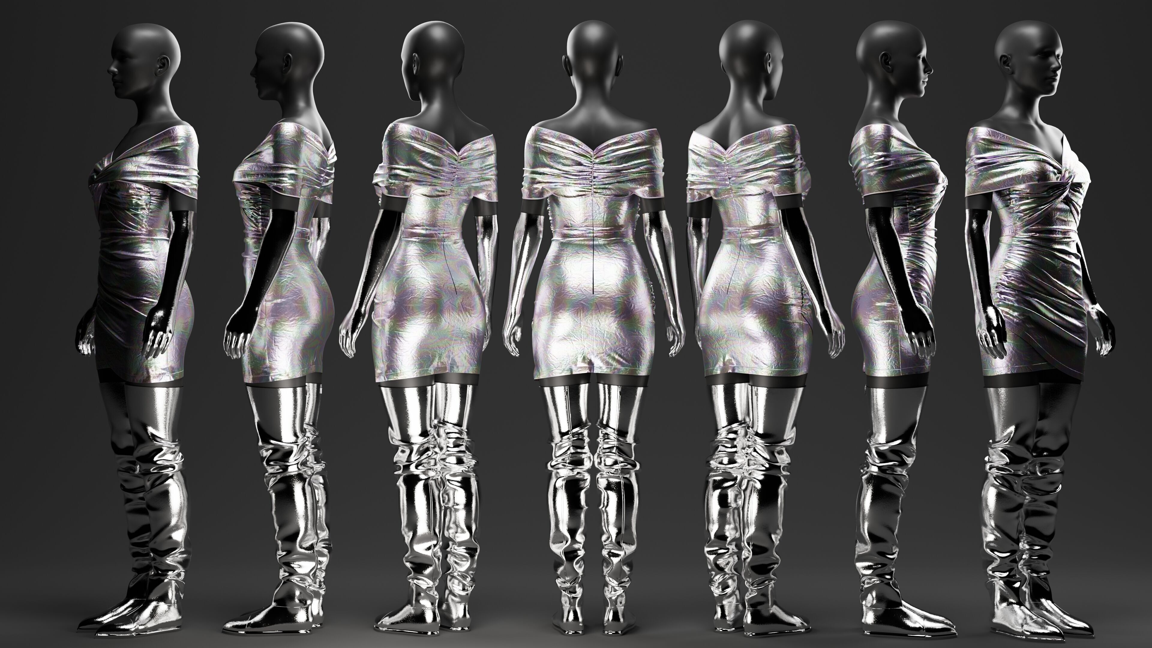 Futuristic Womens Dress and Accessories Set 3D model_3
