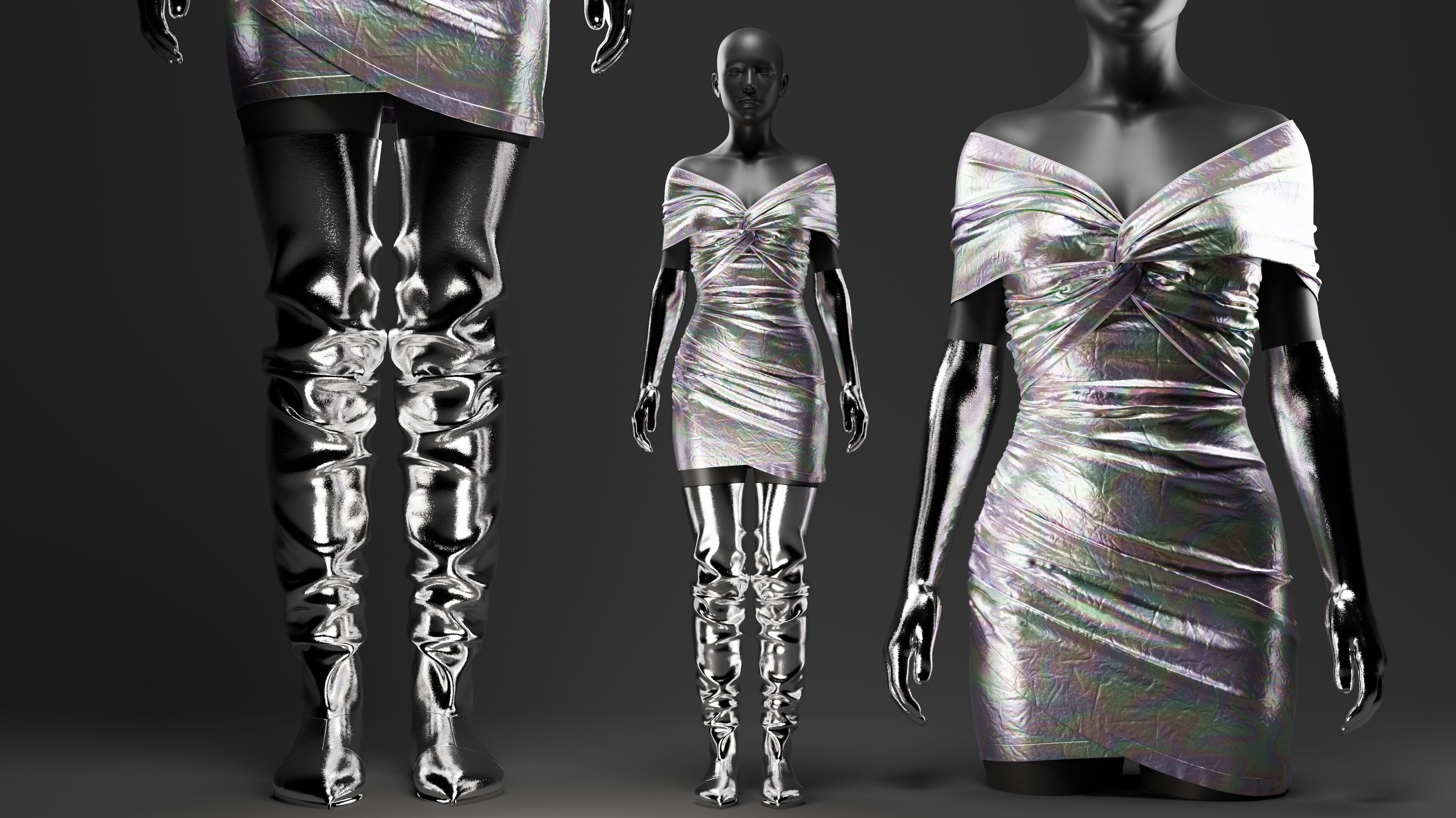 Futuristic Womens Dress and Accessories Set 3D model_5
