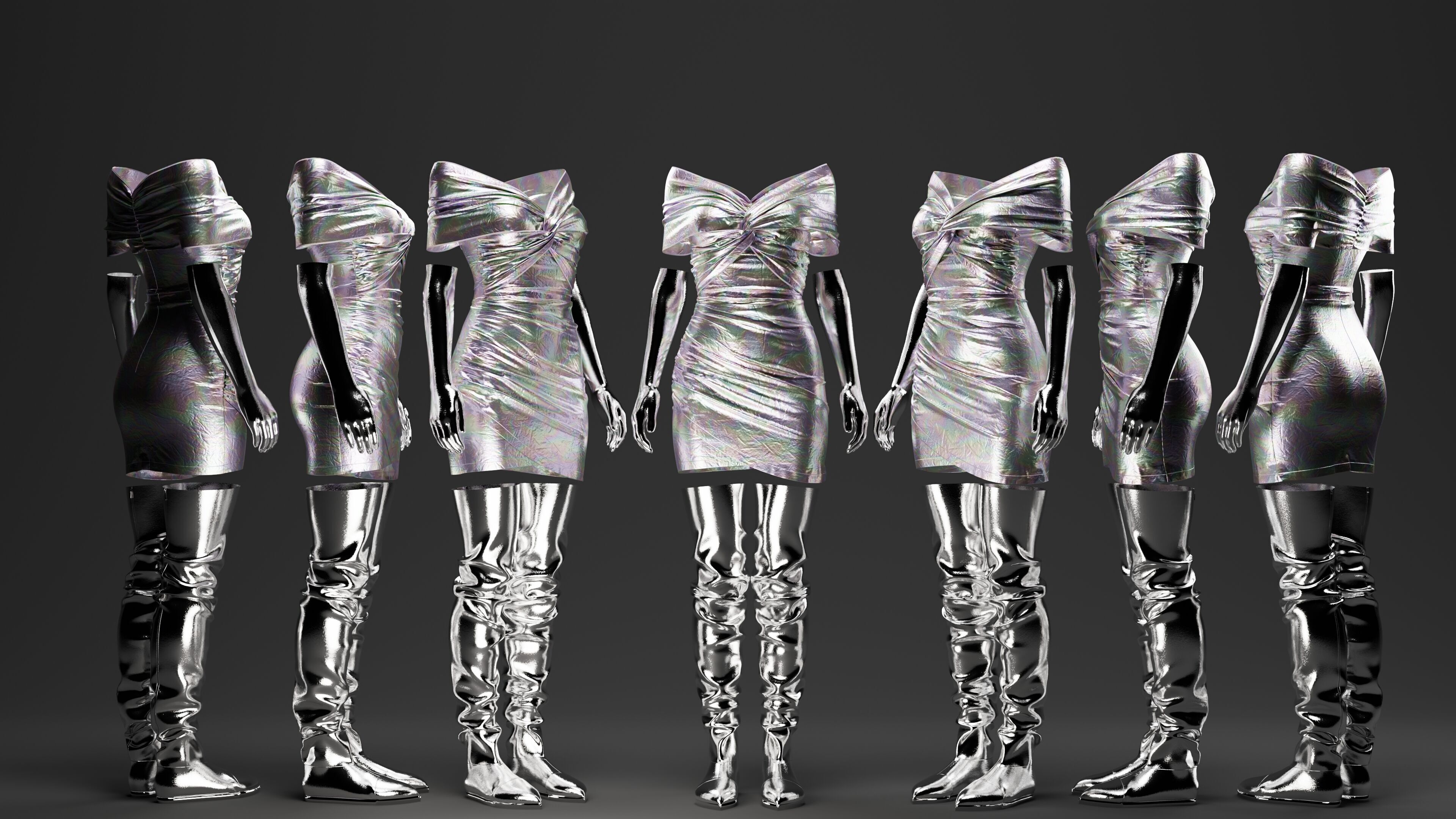 Futuristic Womens Dress and Accessories Set 3D model_2