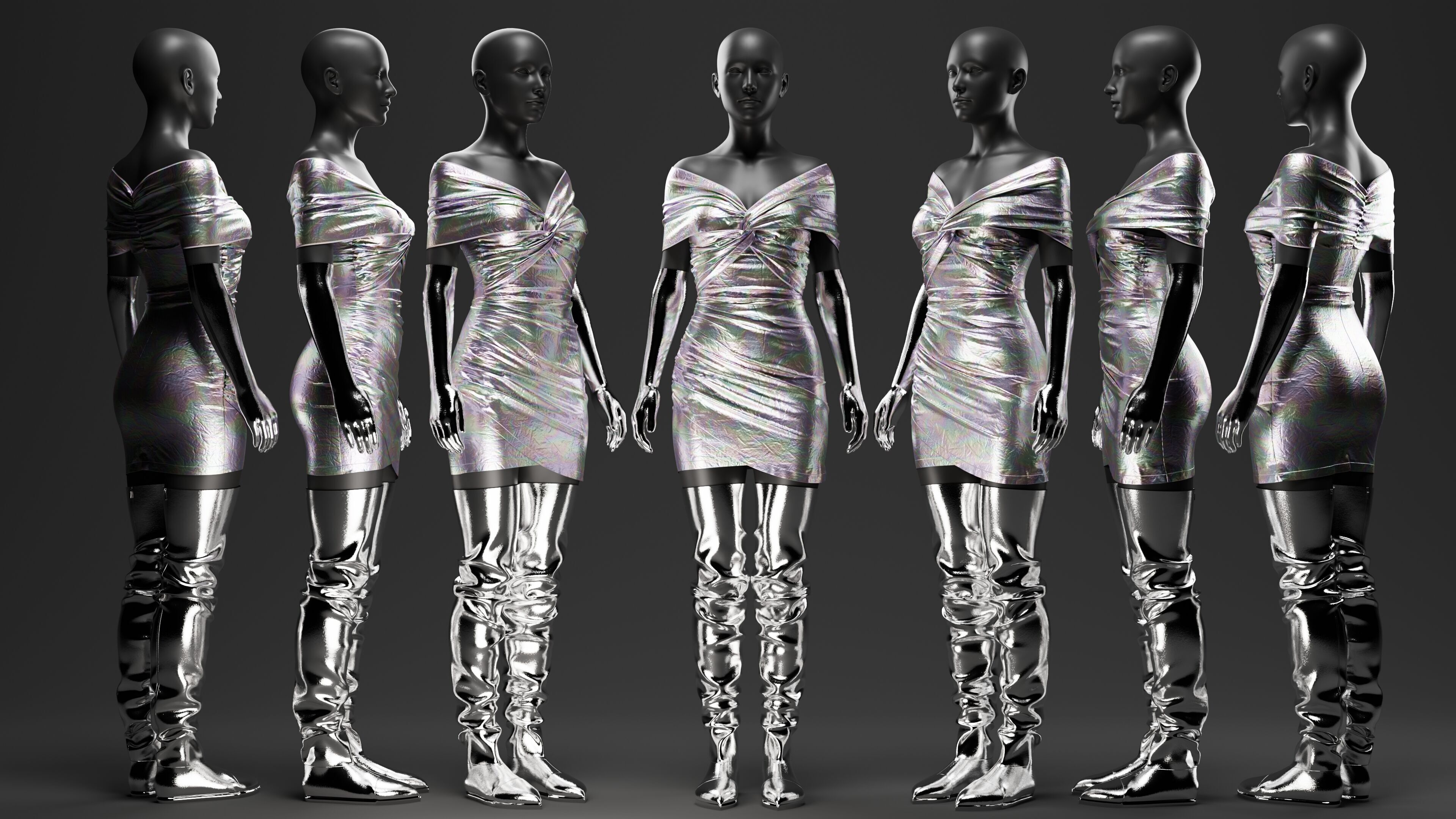 Futuristic Womens Dress and Accessories Set 3D model_1