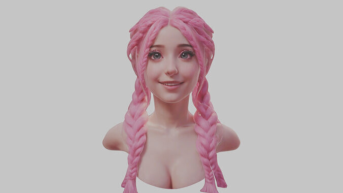 Female Fantasy Anime Pink Teen Girl Character Head Bust Low-poly 3D model