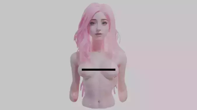 Young Female Teen Woman Breast Nude Head Bust Pink Hair