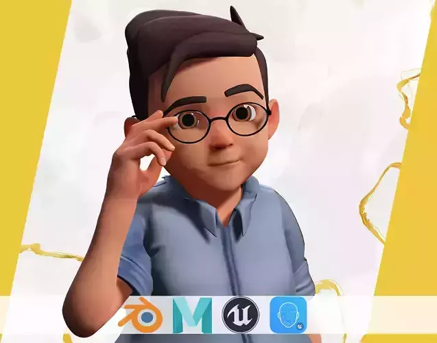 Cartoon Smart Boy with Glasses Cute Stylized kid Low-poly 3D model