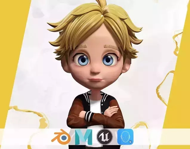 Blue eyes Stylized Toon 3D Boy Cartoon Character Rigged Low-poly 3D model