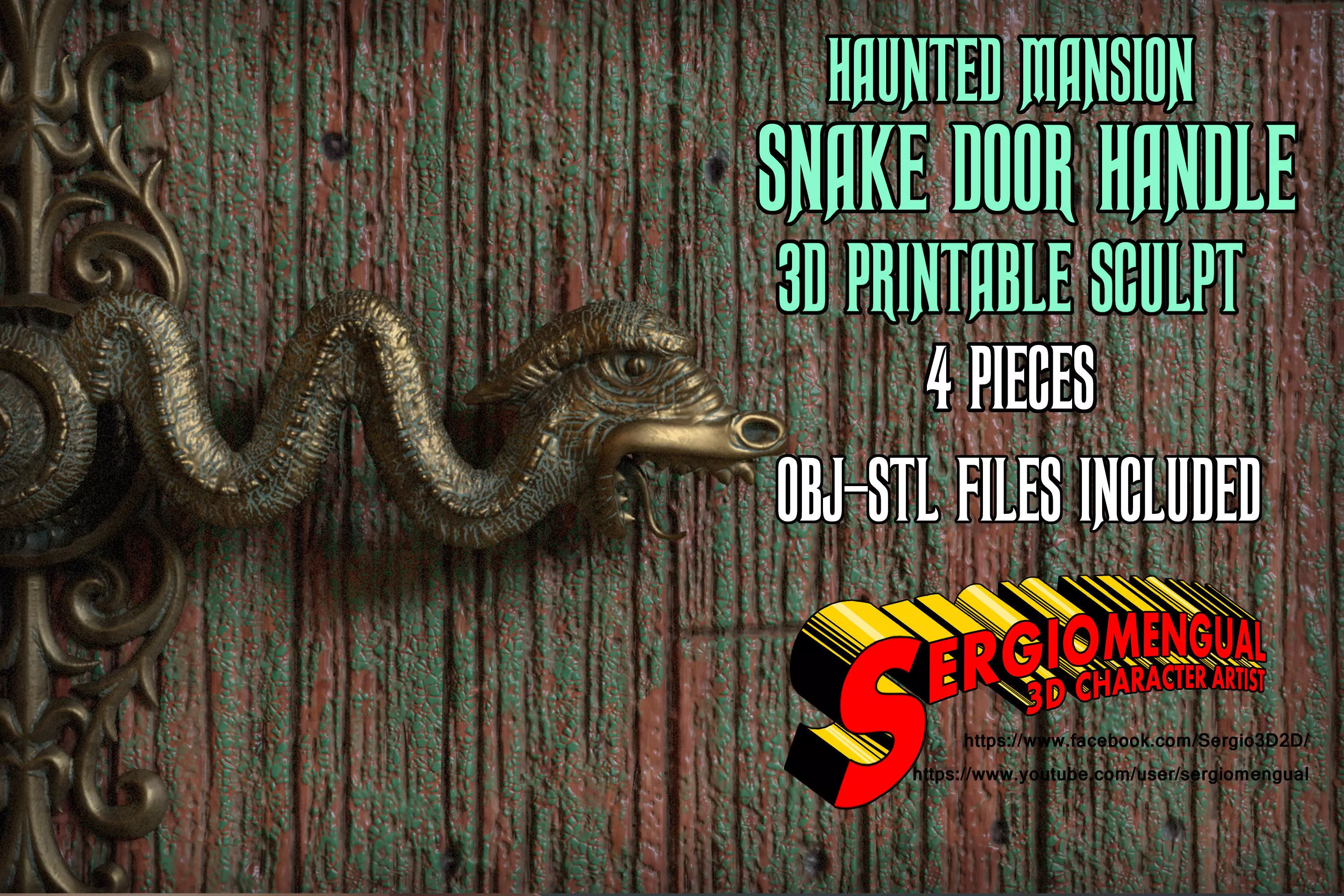 Haunted Mansion Snake Door Handle 3D Printable Sculpt 3D print model_0