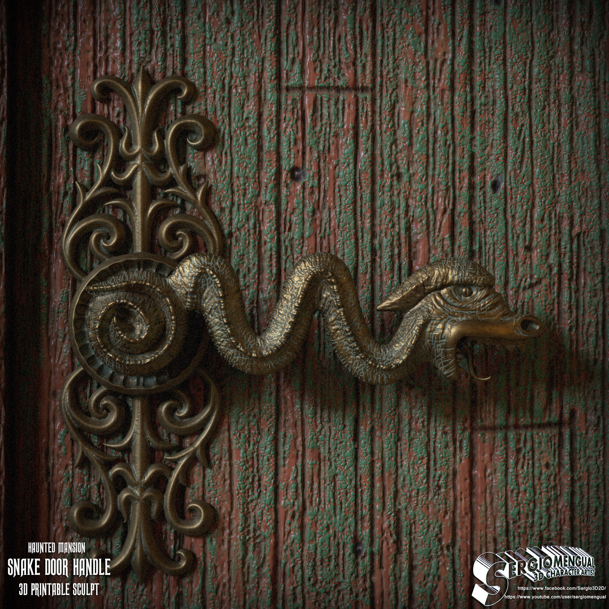 Haunted Mansion Snake Door Handle 3D Printable Sculpt 3D print model_3